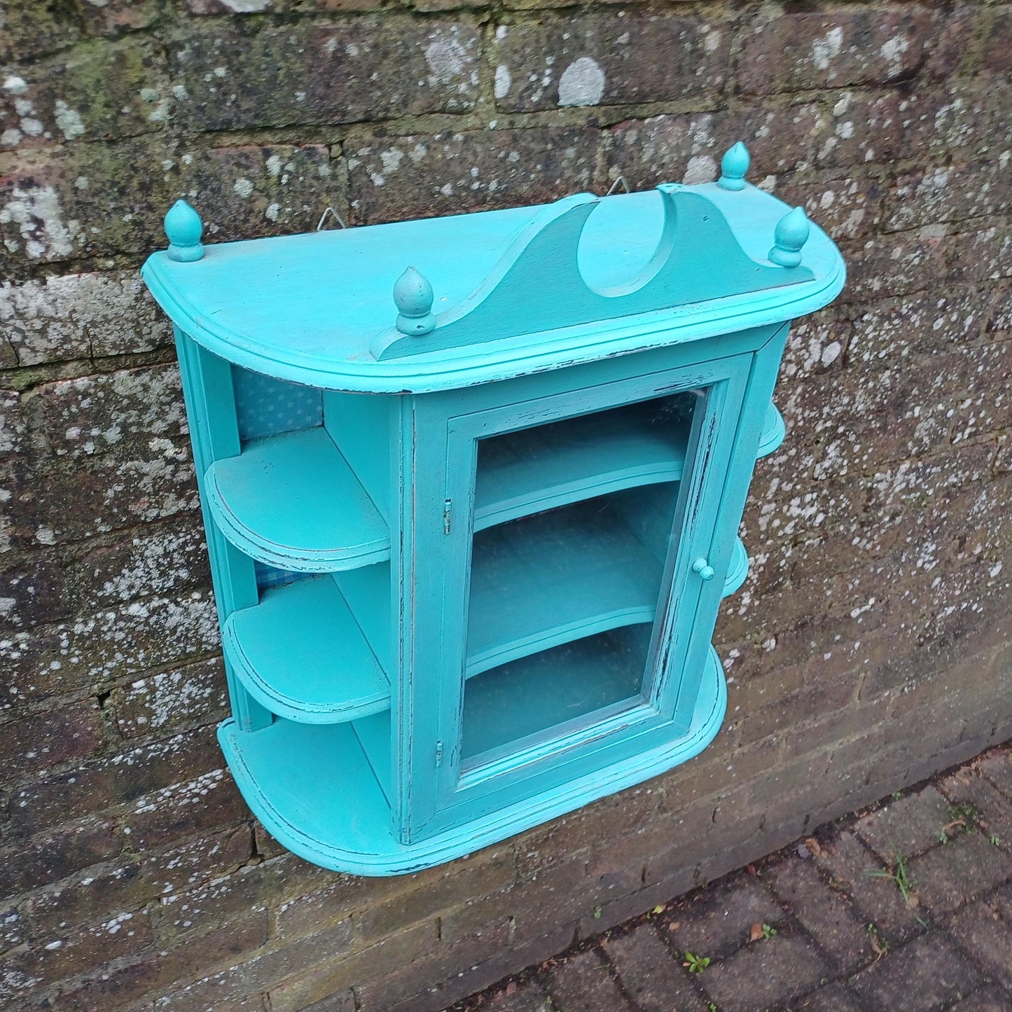 Bespoke Upcycled Glazed Display Cupboard in Turquoise with Decoupage Decoration Shabby Chic Chintz.