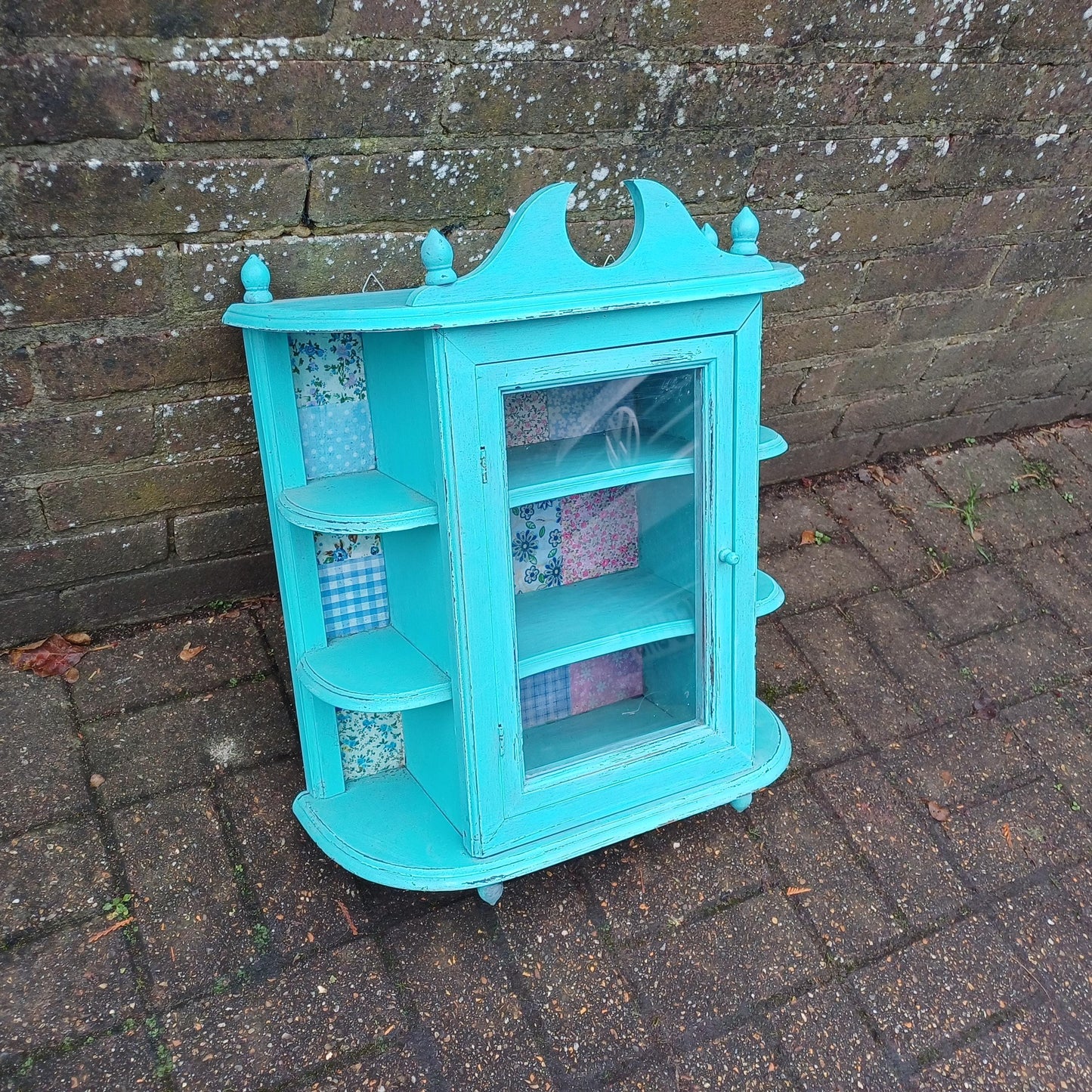 Bespoke Upcycled Glazed Display Cupboard in Turquoise with Decoupage Decoration Shabby Chic Chintz.
