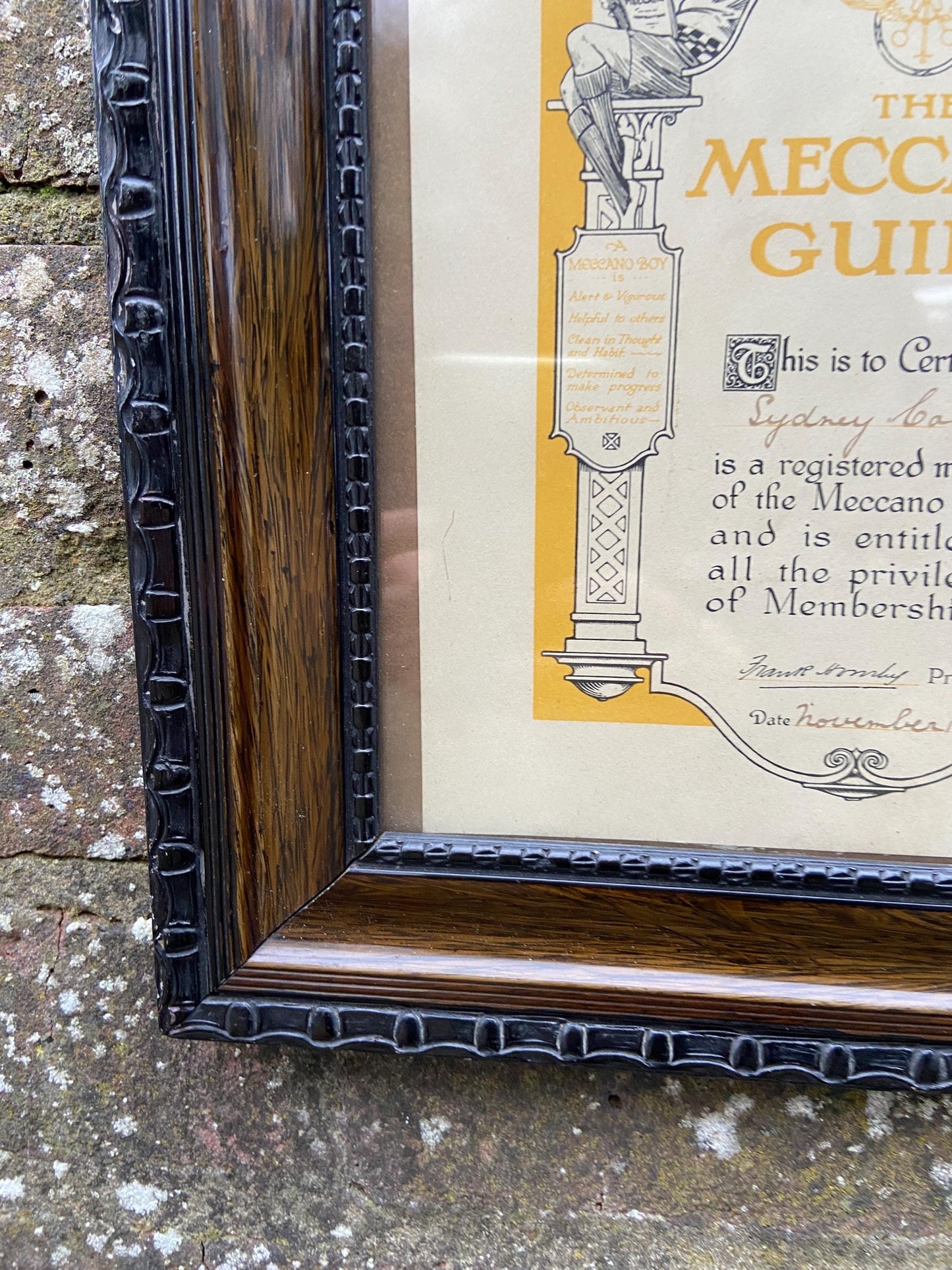 1920s Meccano Guild certificate in a gorgeous vintage wooden glazed frame (34.5 x 28.5cm)