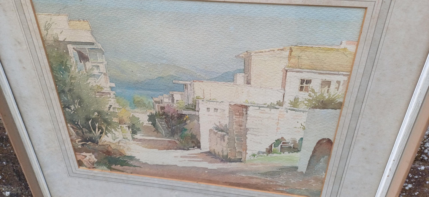 Original vintage water colour of a Mediterranean Village / Landscape scene, landscape watercolour