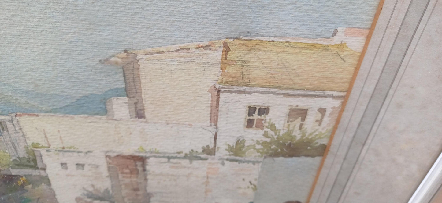 Original vintage water colour of a Mediterranean Village / Landscape scene, landscape watercolour