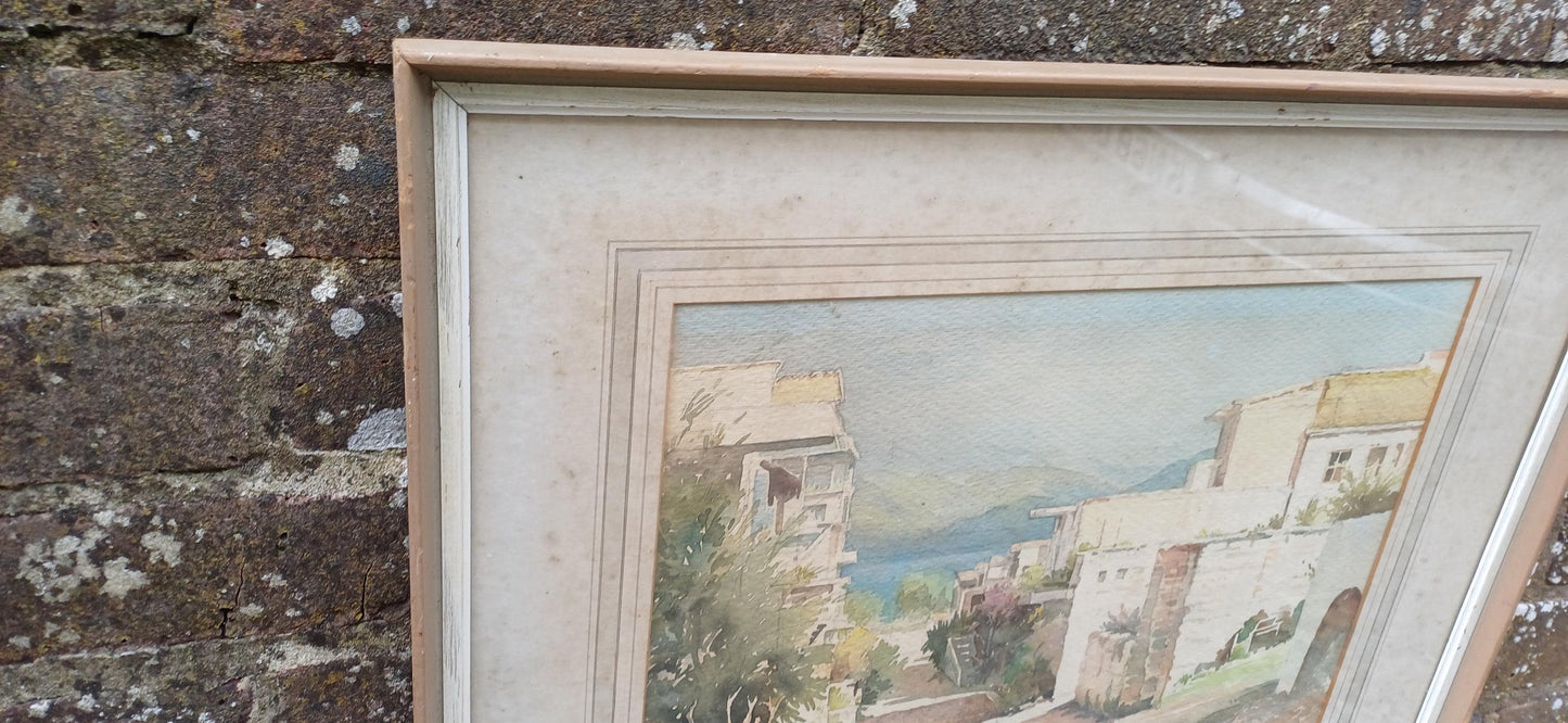 Original vintage water colour of a Mediterranean Village / Landscape scene, landscape watercolour