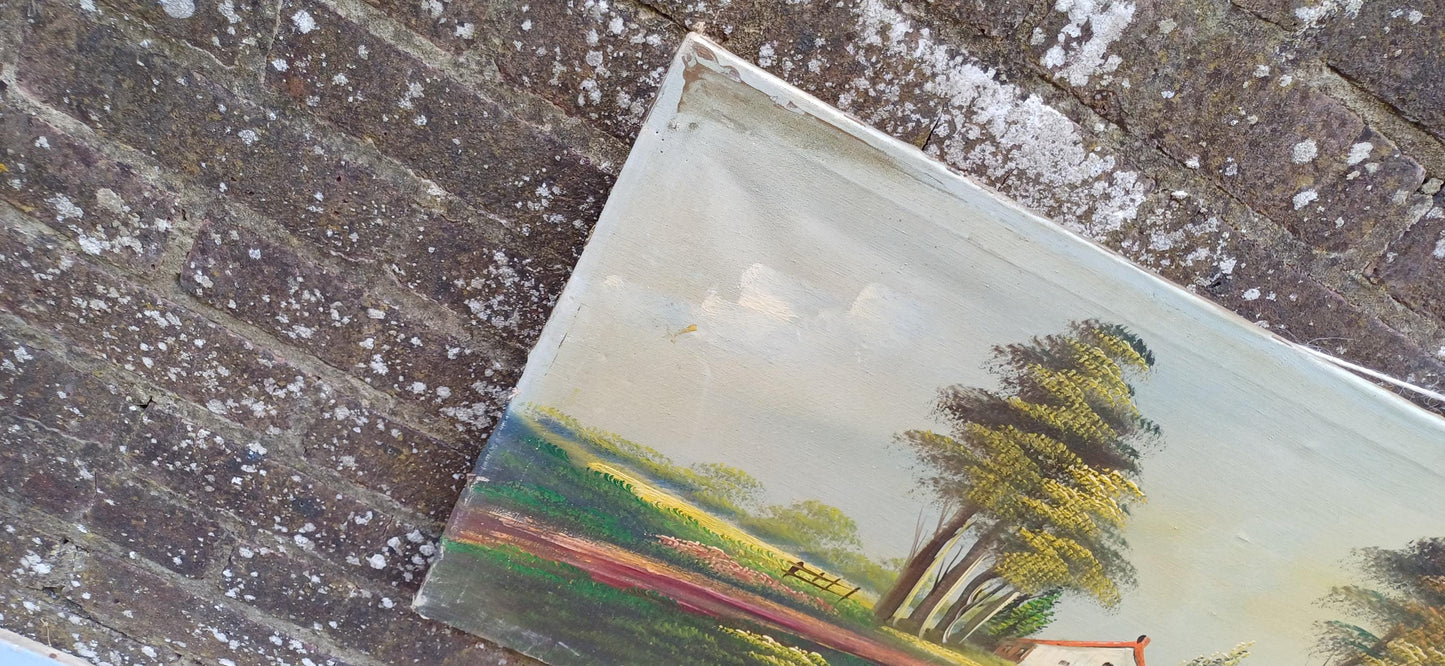 Trio of original vintage Landscape oil paintings on canvas - 3 varying sizes, horizontal hanging