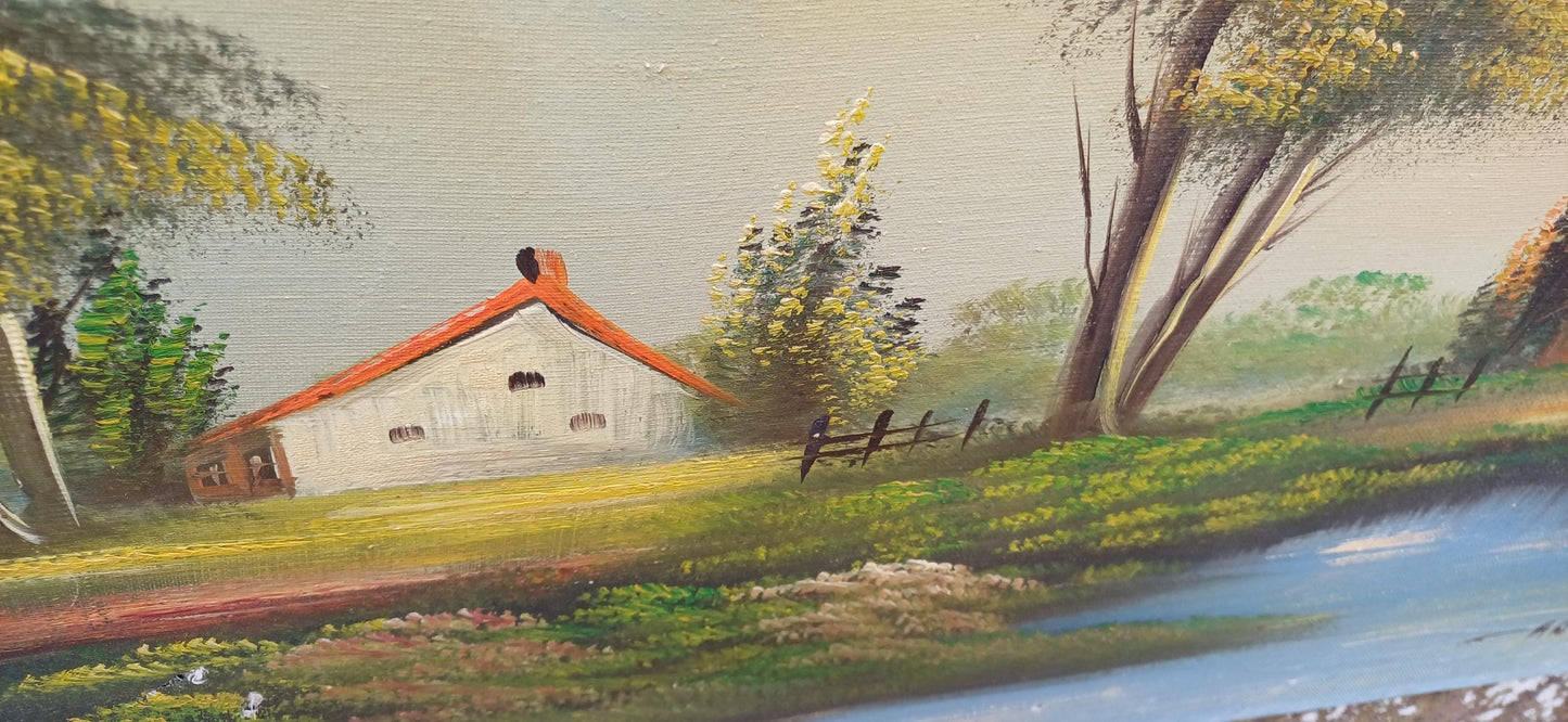 Trio of original vintage Landscape oil paintings on canvas - 3 varying sizes, horizontal hanging