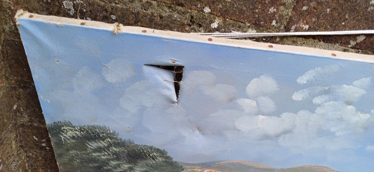 Trio of original vintage Landscape oil paintings on canvas - 3 varying sizes, horizontal hanging