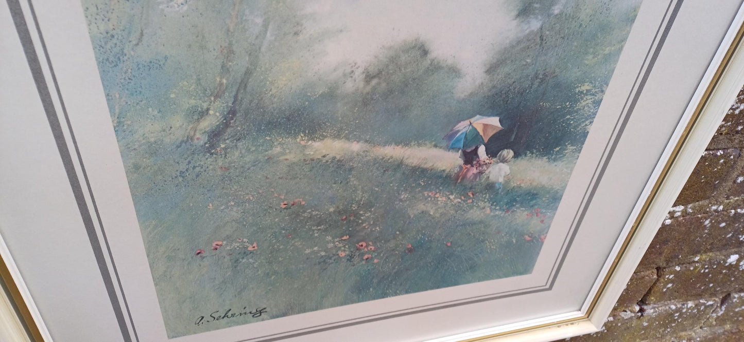 Spring Showers Print by Adolf Sehring, 1980s print in gorgeous vintage quality glazed frame (49.5cm x 60cm)