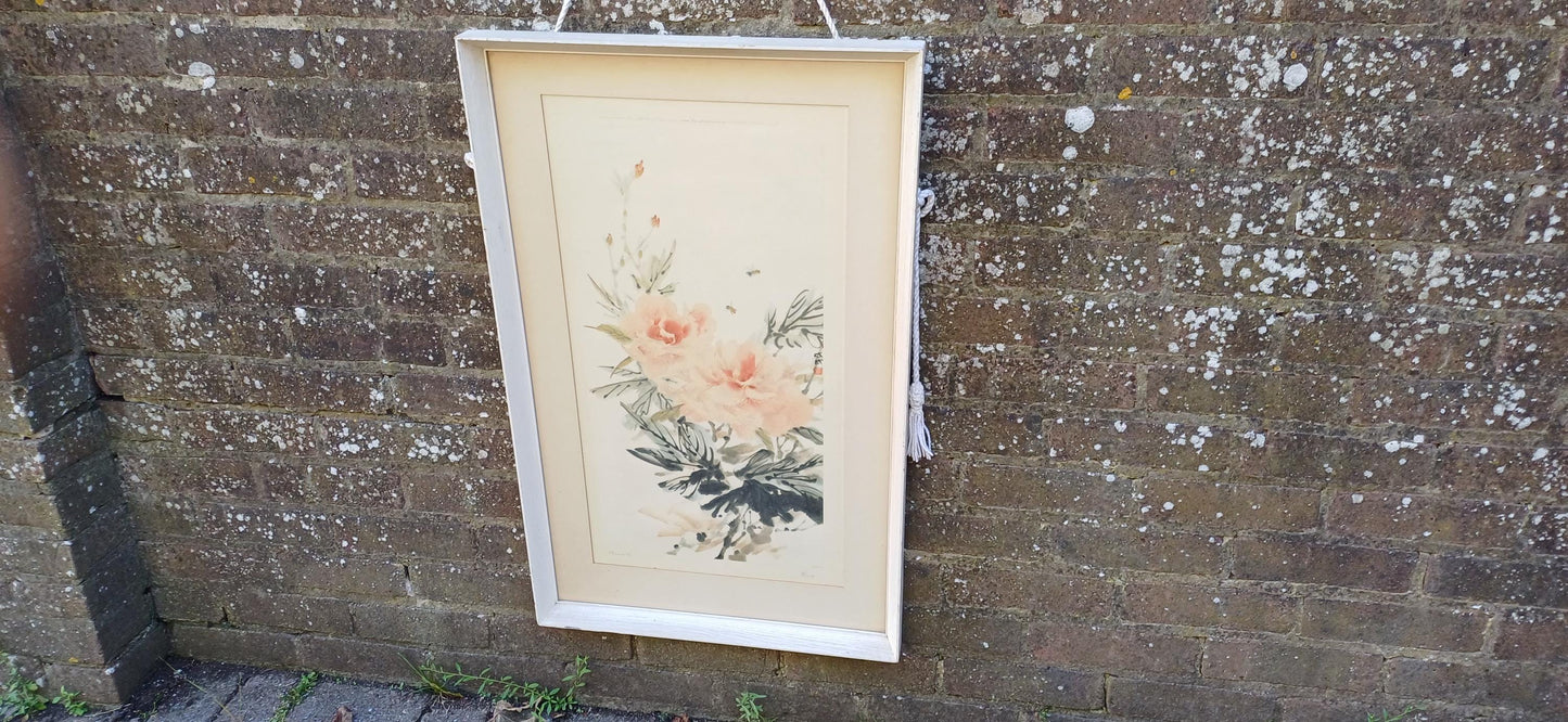 Retro Cheng wu Fei framed lithograph of Peony, 1959, printed by Frost & Reed, London; Chinese art in retro wooden frame (51.5cm x 82.5cm)