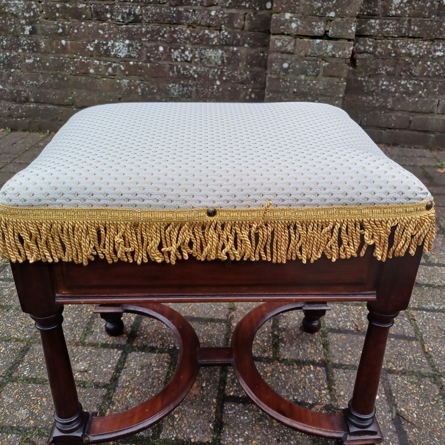 Charming Ornate Vintage Newly Upholstered Decorative Stool. X Stretchers.