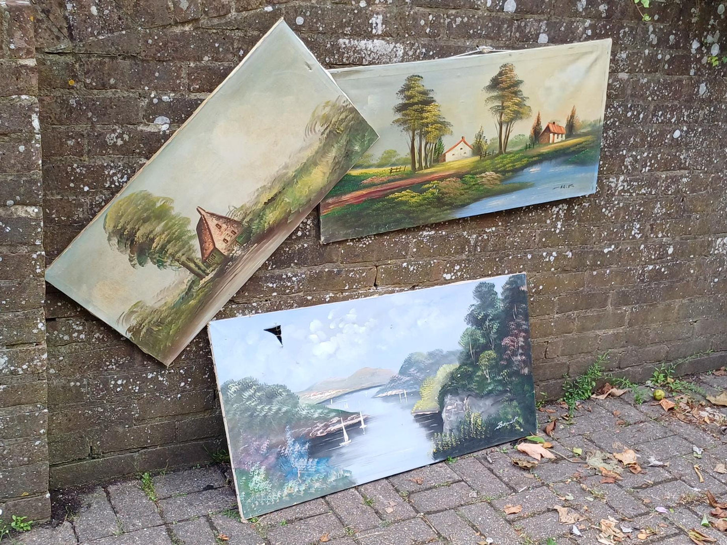 three horizontal landscape painting on framed canvas. original vintage oil paintings. original art
