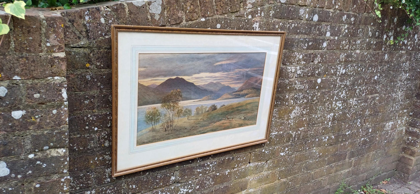 Large Scottish Highlands Vintage Water Colour Painting, glazed vintage frame - original vintage watercolour painting 81cm x 57cm approx