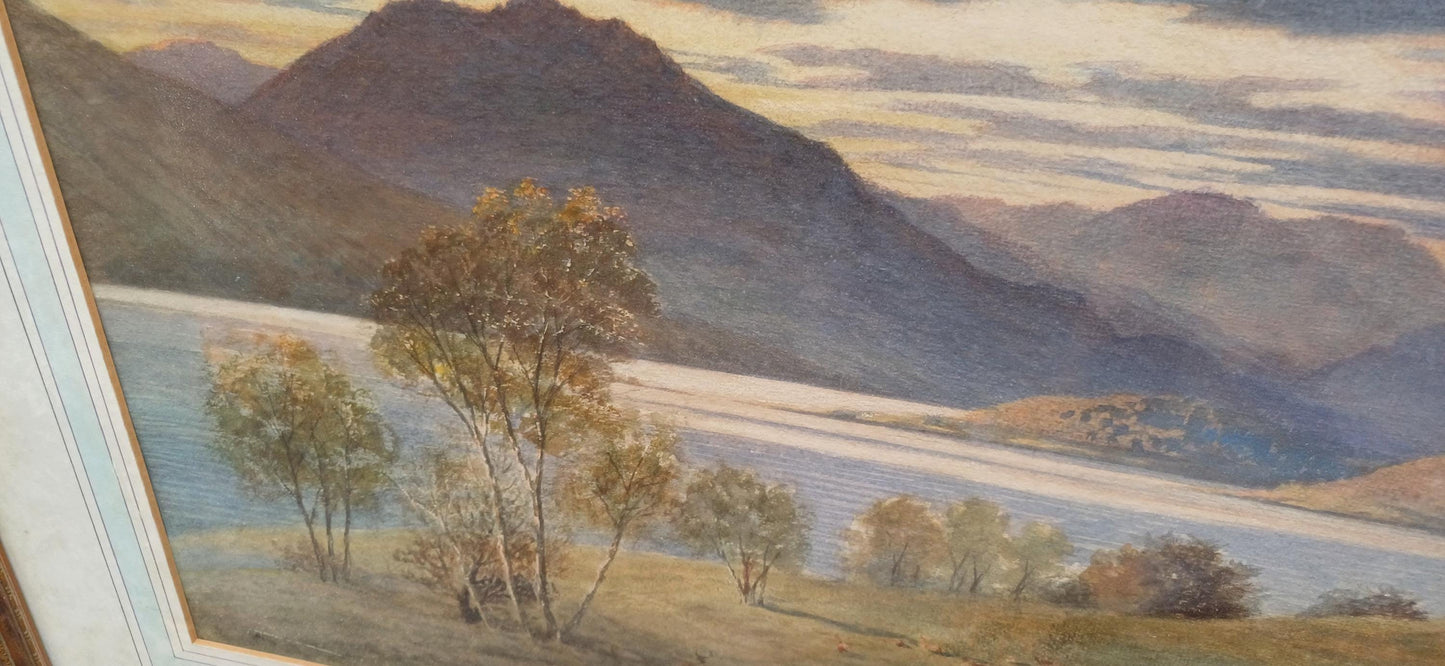 Large Scottish Highlands Vintage Water Colour Painting, glazed vintage frame - original vintage watercolour painting 81cm x 57cm approx