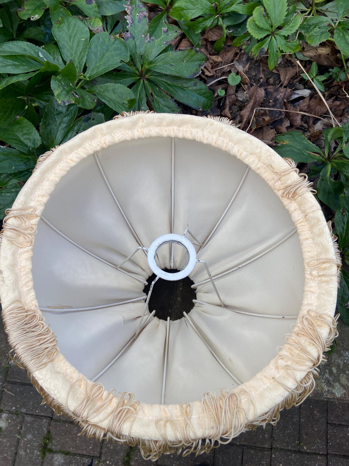 Original retro lamp shade in golden cream jacquard material, ribbon detail and fringe - VGC