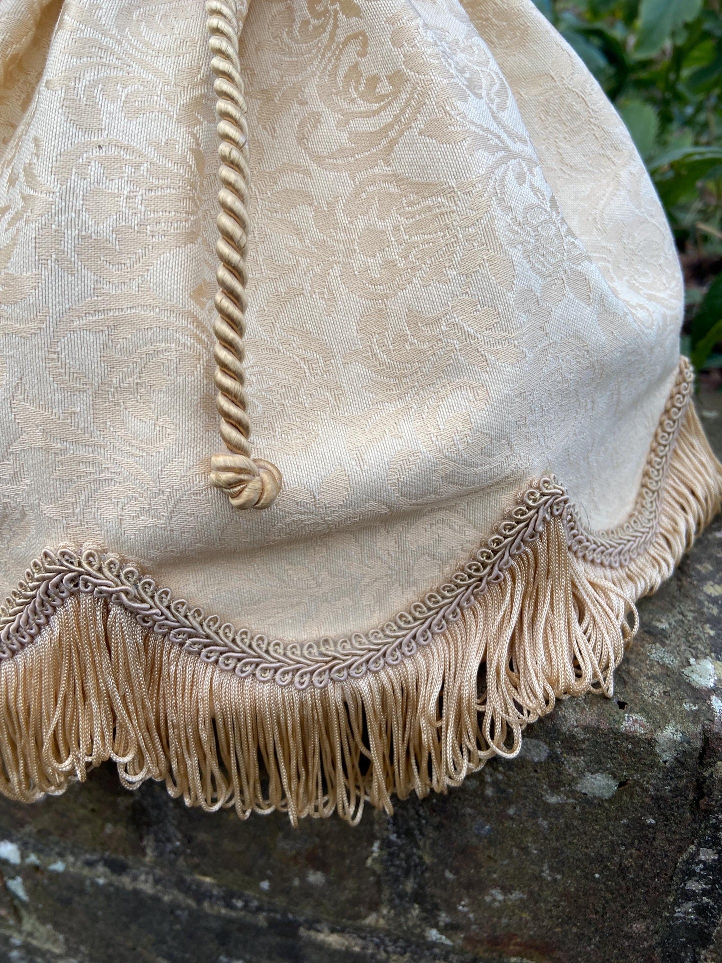 Original retro lamp shade in golden cream jacquard material, ribbon detail and fringe - VGC