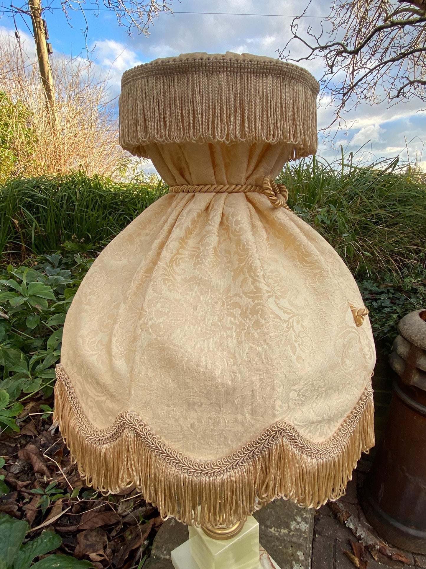 Original retro lamp shade in golden cream jacquard material, ribbon detail and fringe - VGC