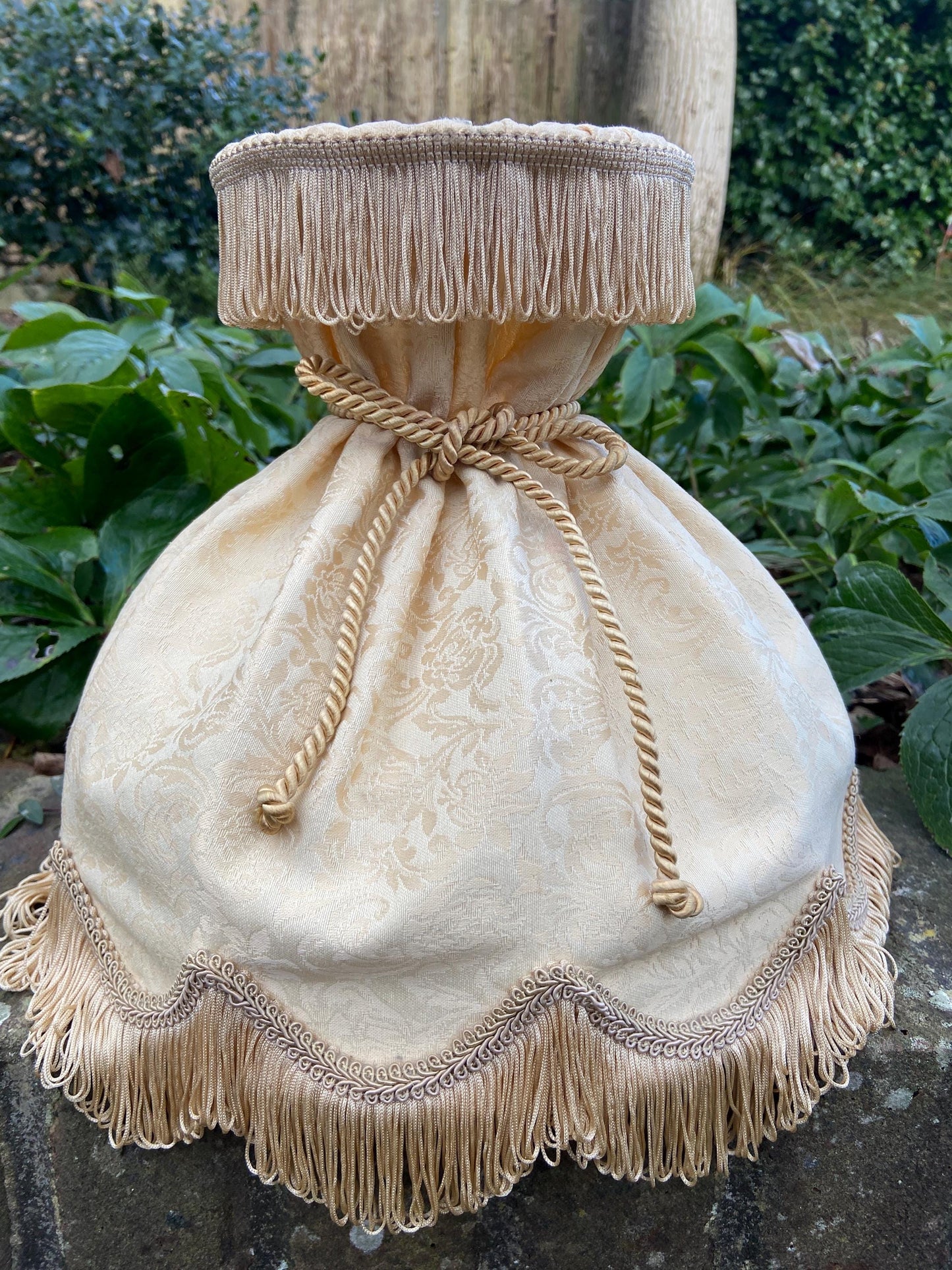 Original retro lamp shade in golden cream jacquard material, ribbon detail and fringe - VGC