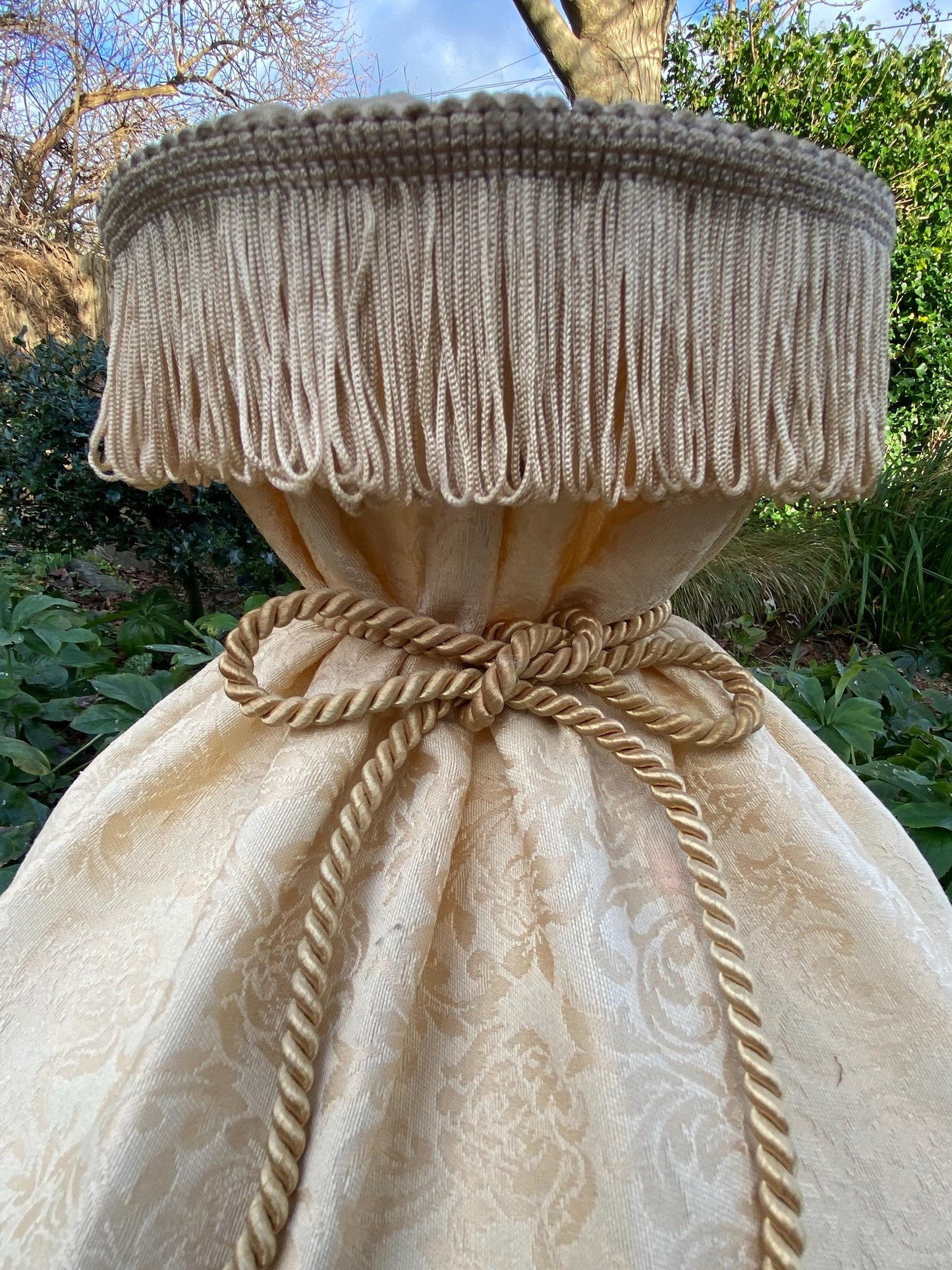 Original retro lamp shade in golden cream jacquard material, ribbon detail and fringe - VGC