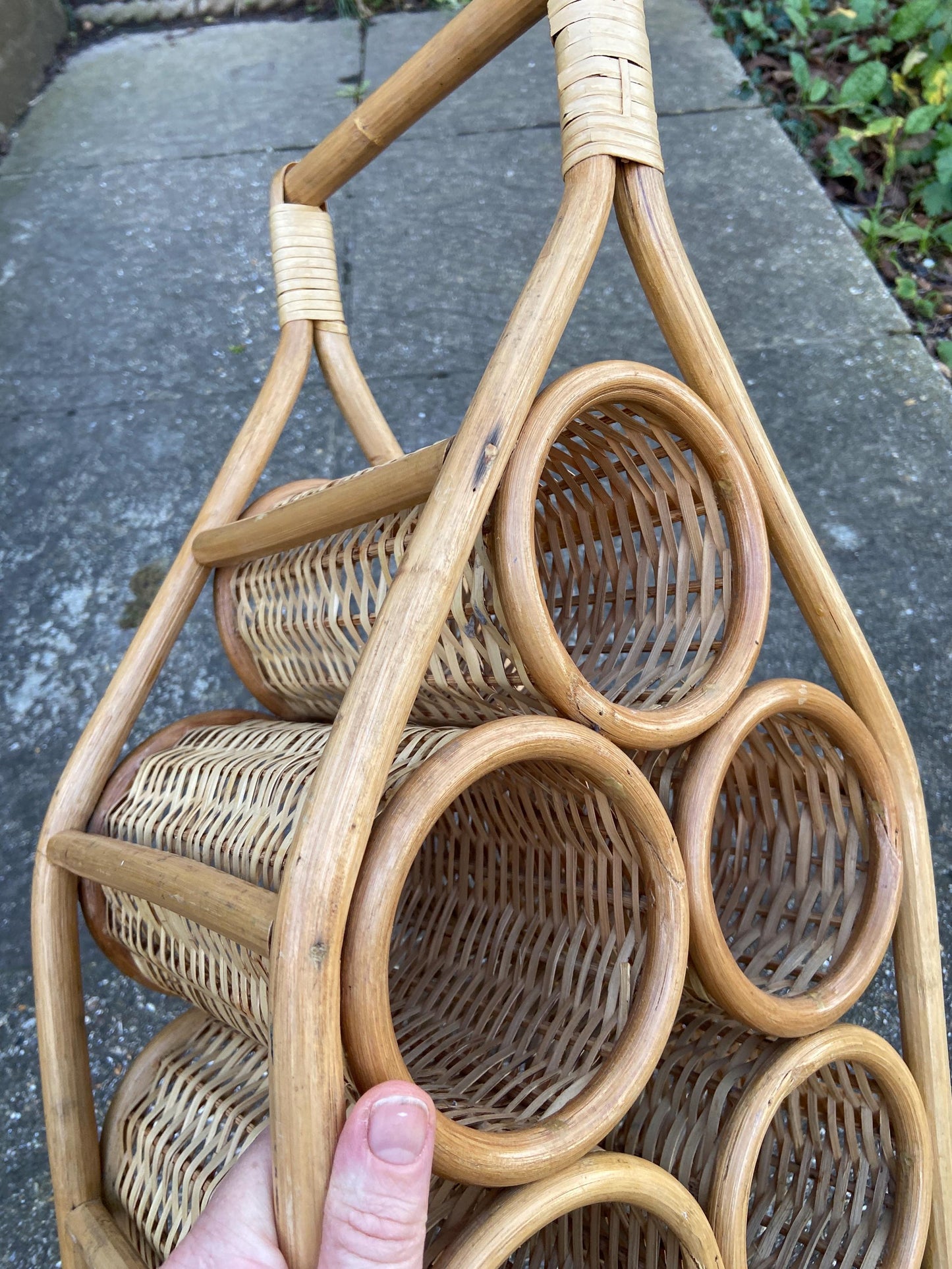 Retro Wine Rack - 5 bottle wine rack, 1970s wicker cane wine rack - VGC