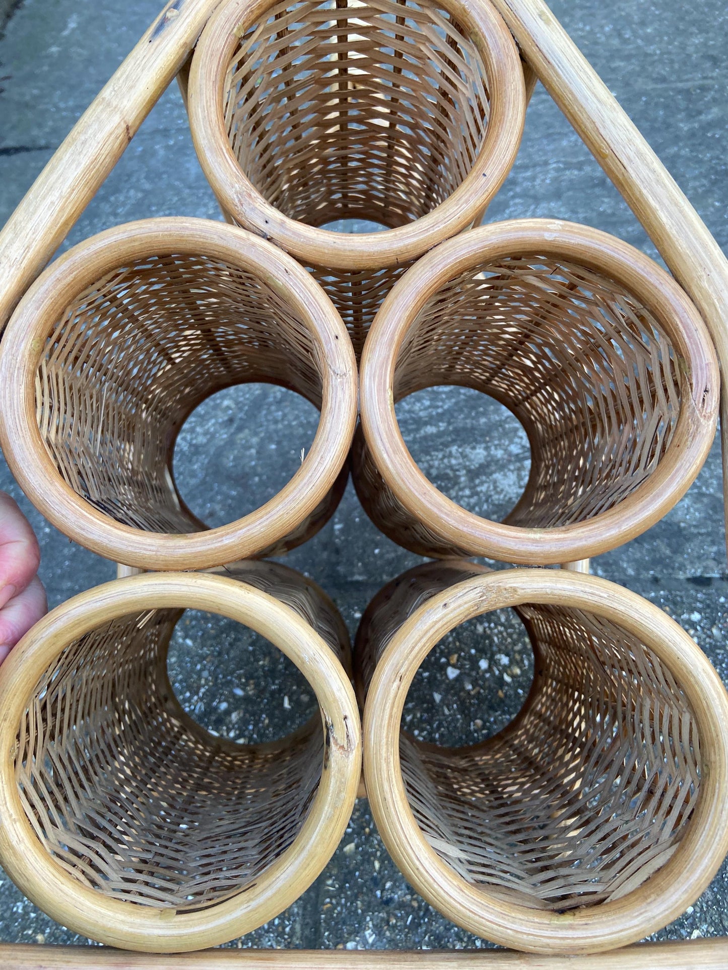 Retro Wine Rack - 5 bottle wine rack, 1970s wicker cane wine rack - VGC
