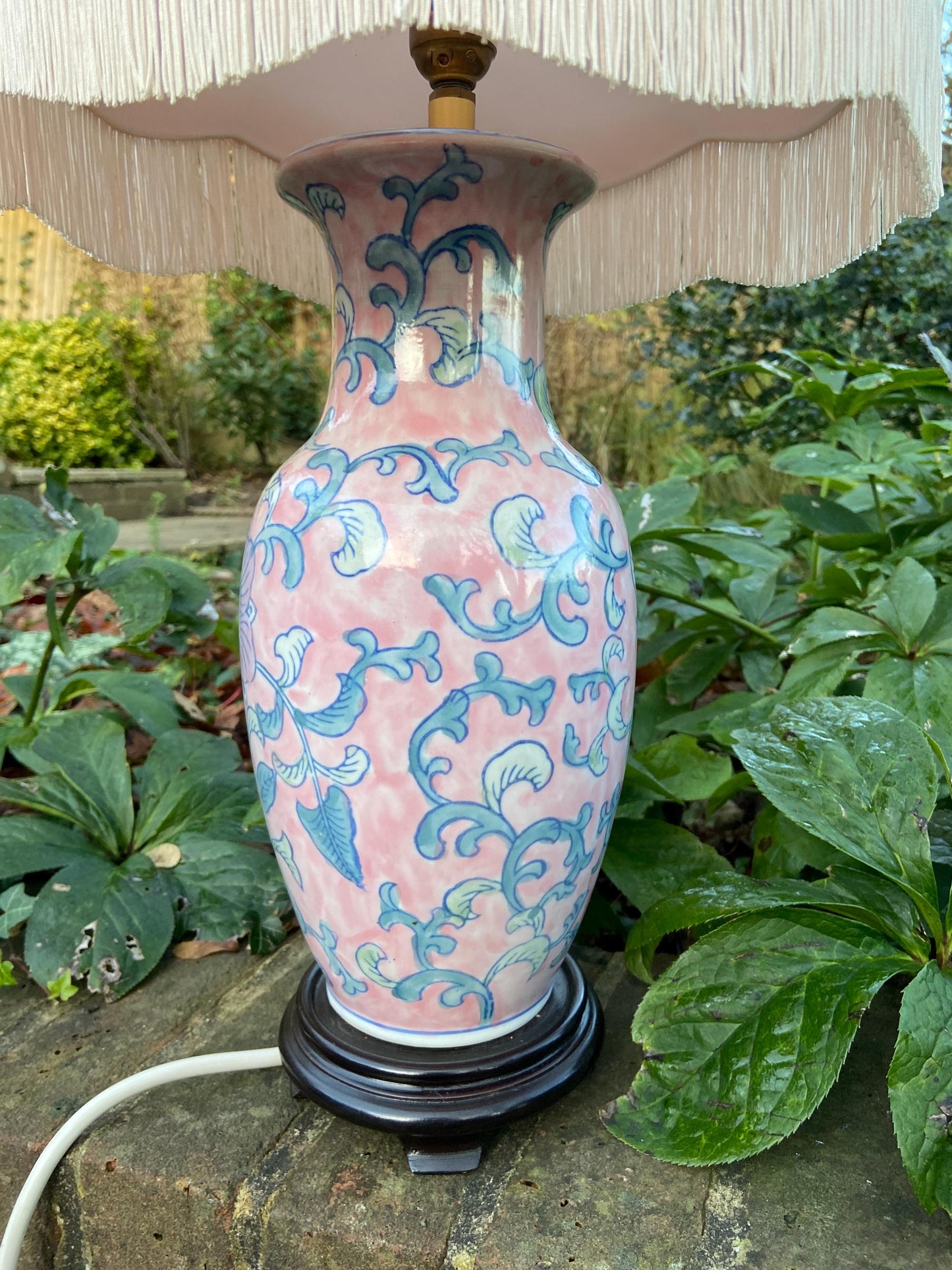 Large pink vintage Oriental Vase style table lamp in pink and blue, with or without quality vintage lamp shade in pink chintz
