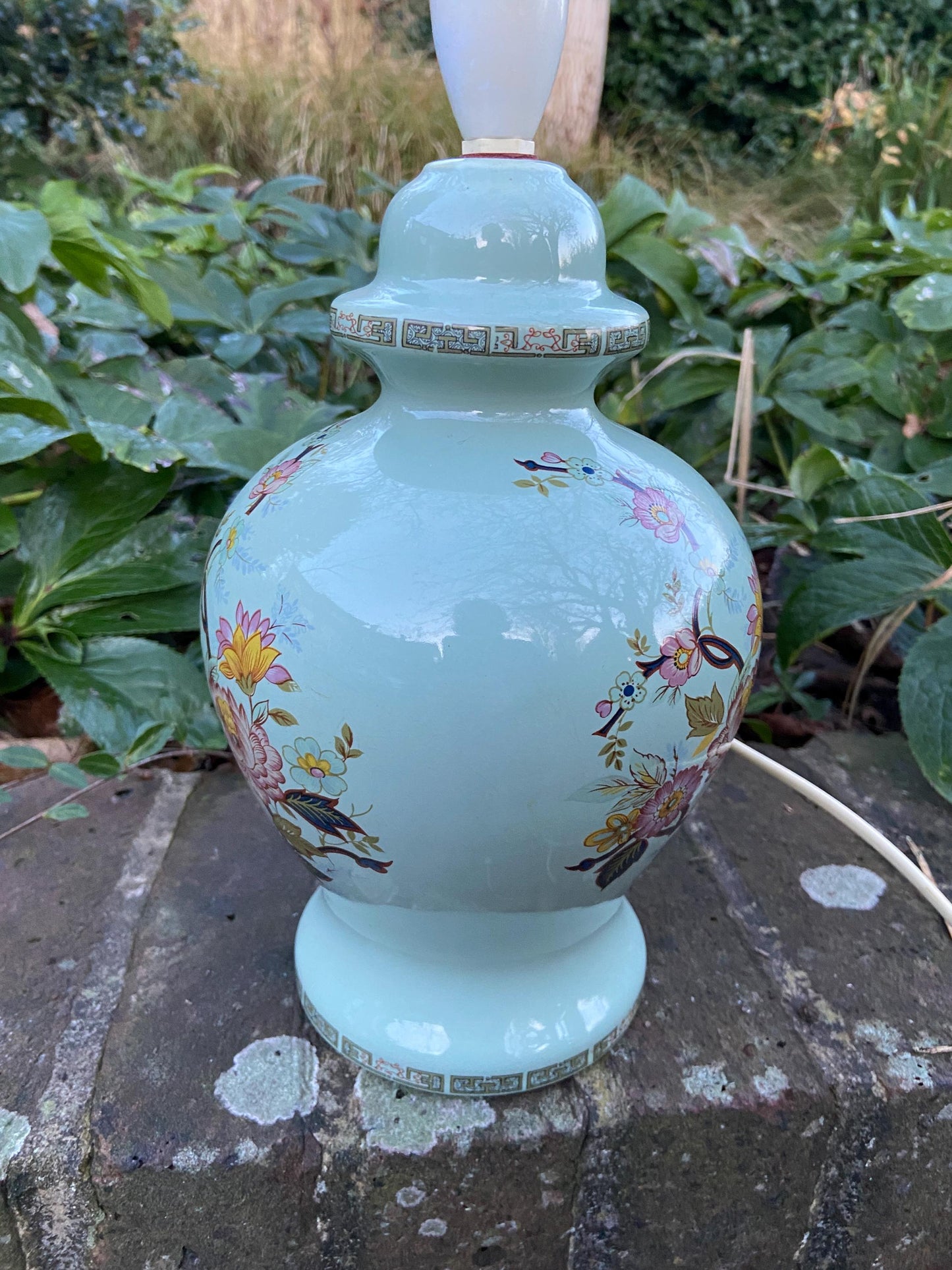 1970s Ceramic Green Floral Ginger Jar Style Lamp - made for BHS - working order.