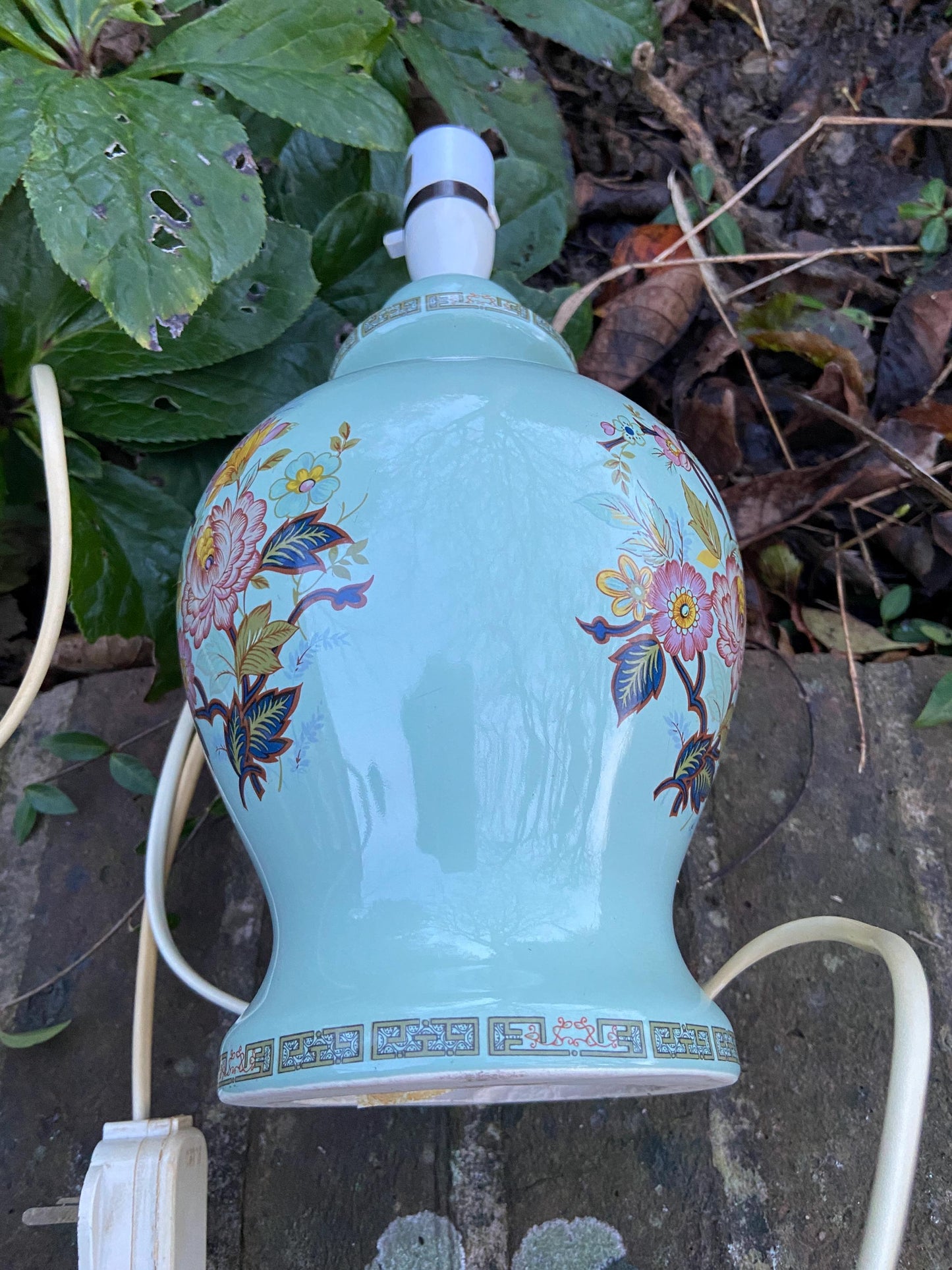 1970s Ceramic Green Floral Ginger Jar Style Lamp - made for BHS - working order.