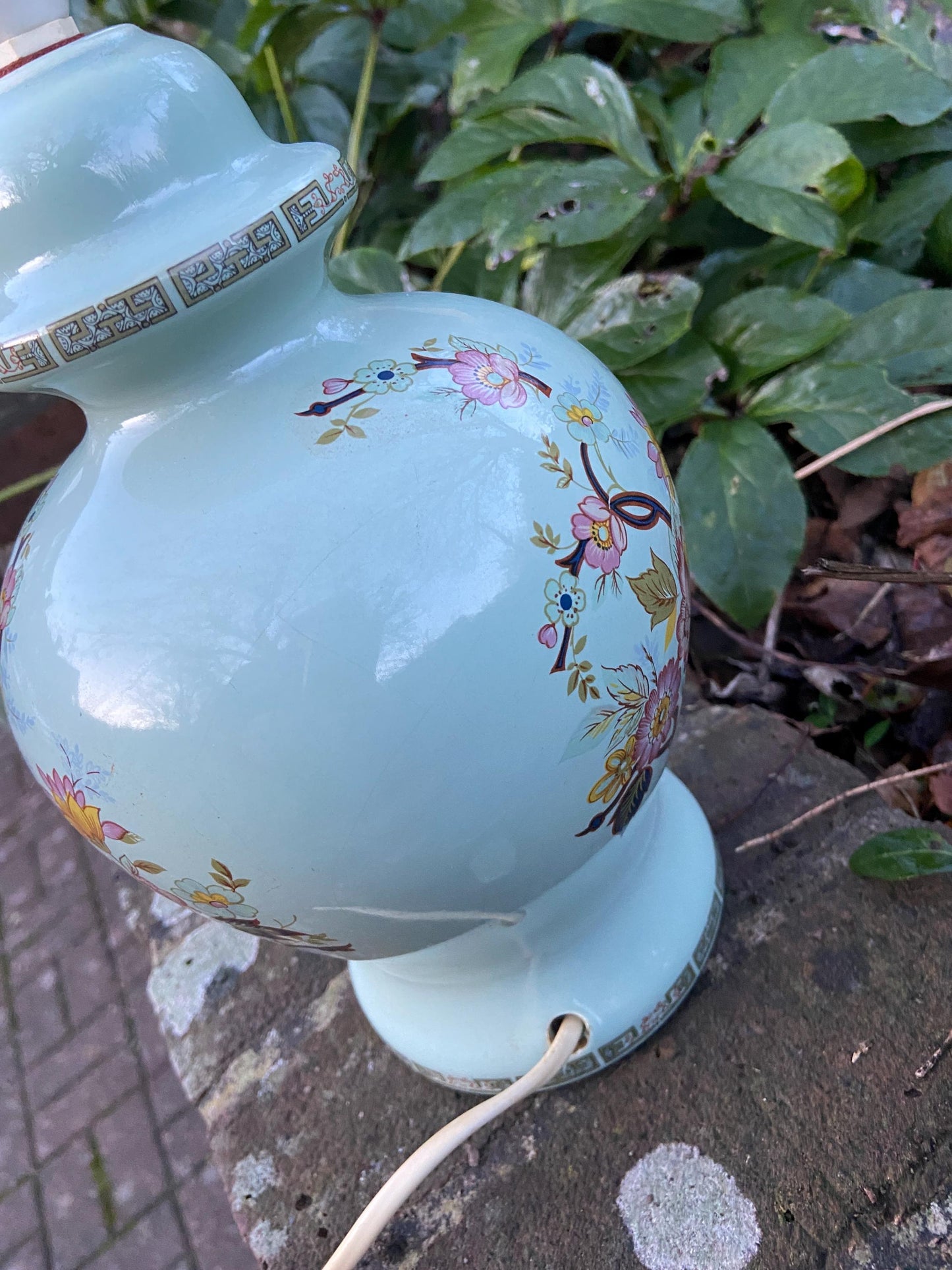1970s Ceramic Green Floral Ginger Jar Style Lamp - made for BHS - working order.