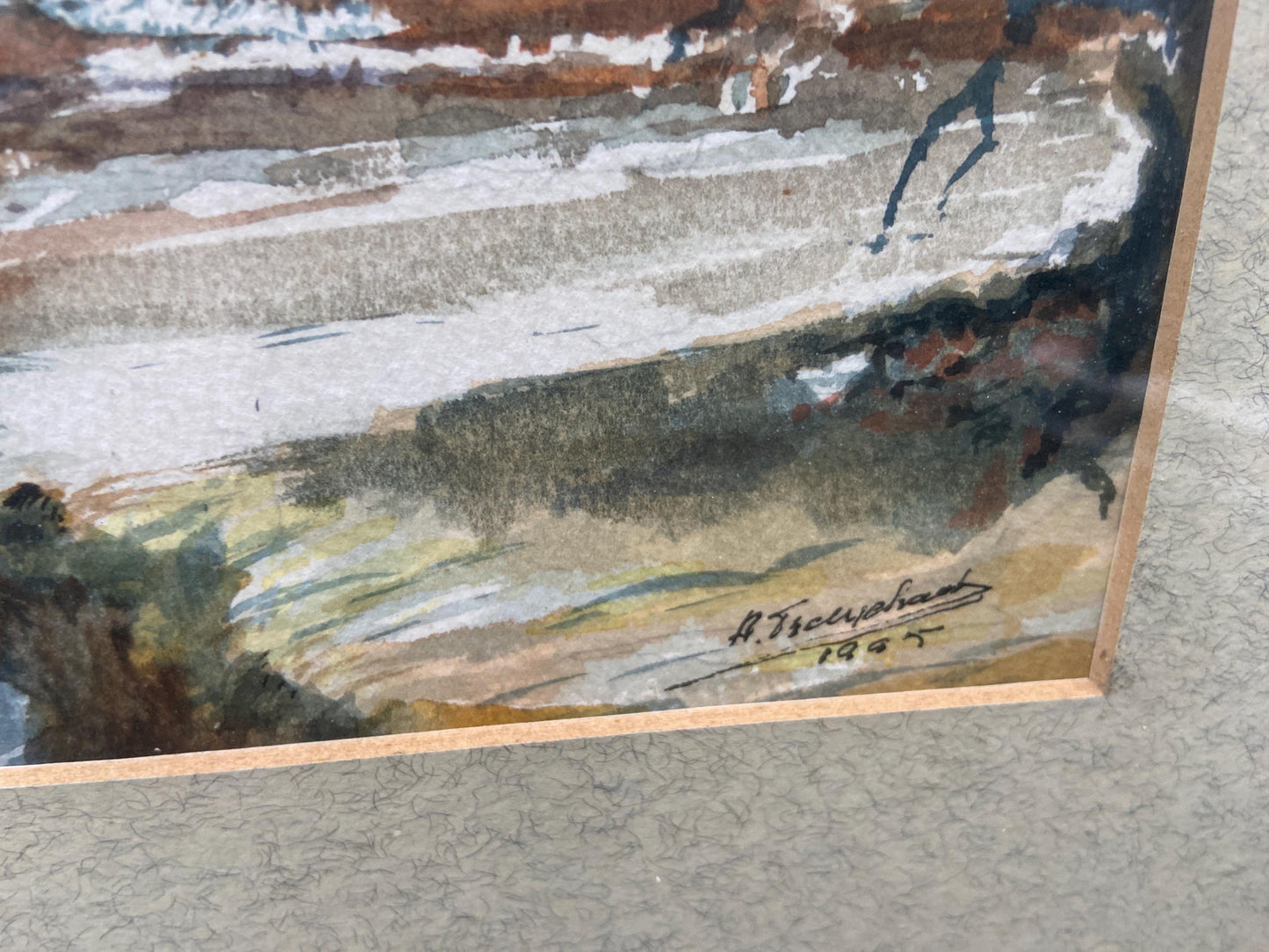 Winter Country Village Scene, original water colour, signed by artist, glazed vintage frame - 49.5cm x 41cm framed