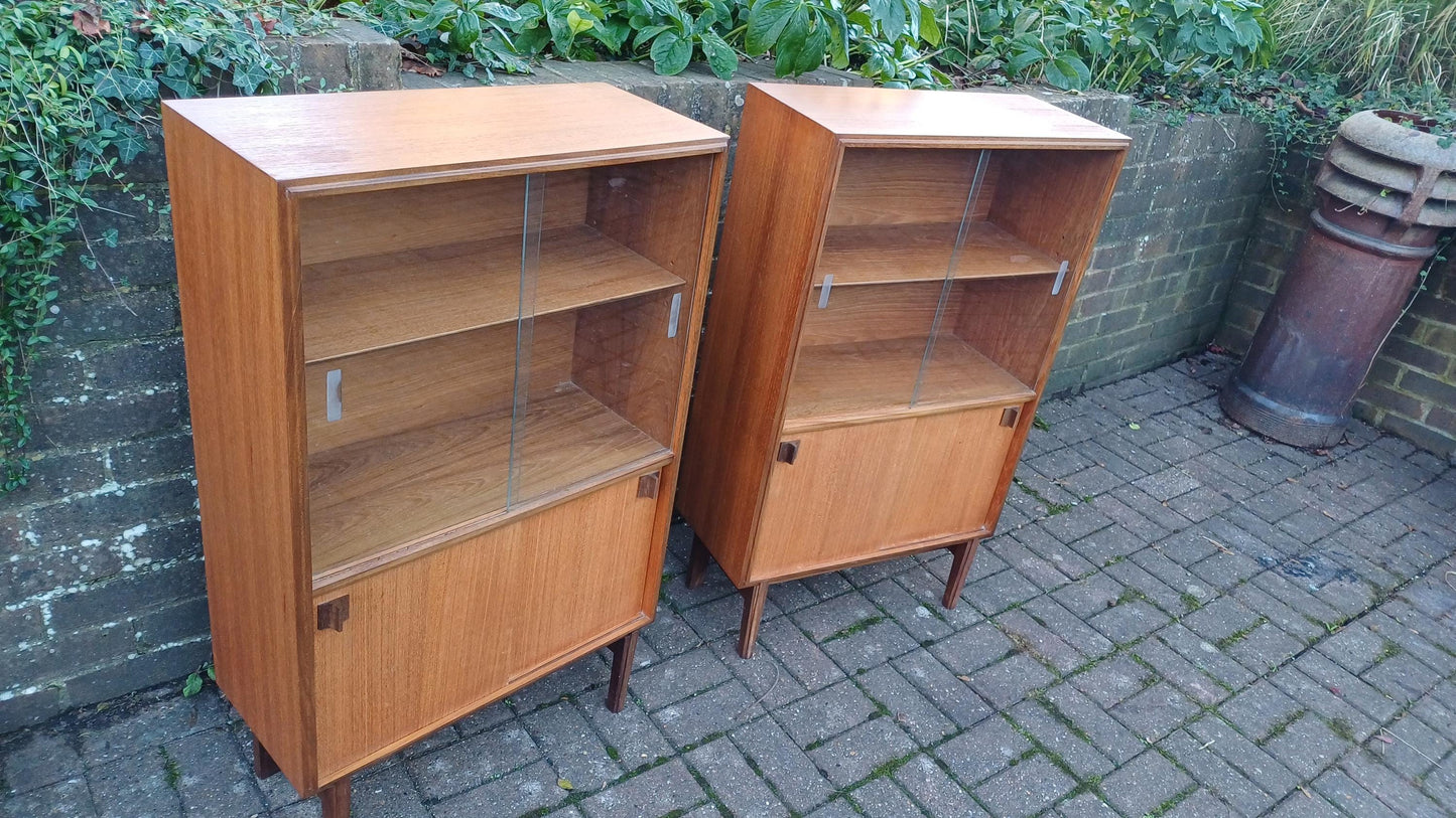 Pair Glazed Glass Vintage Retro 60s Teak and Veneer Glazed Bookcase China Display Cupboards with Lower Storage Cupboard FREE HAND Delivery