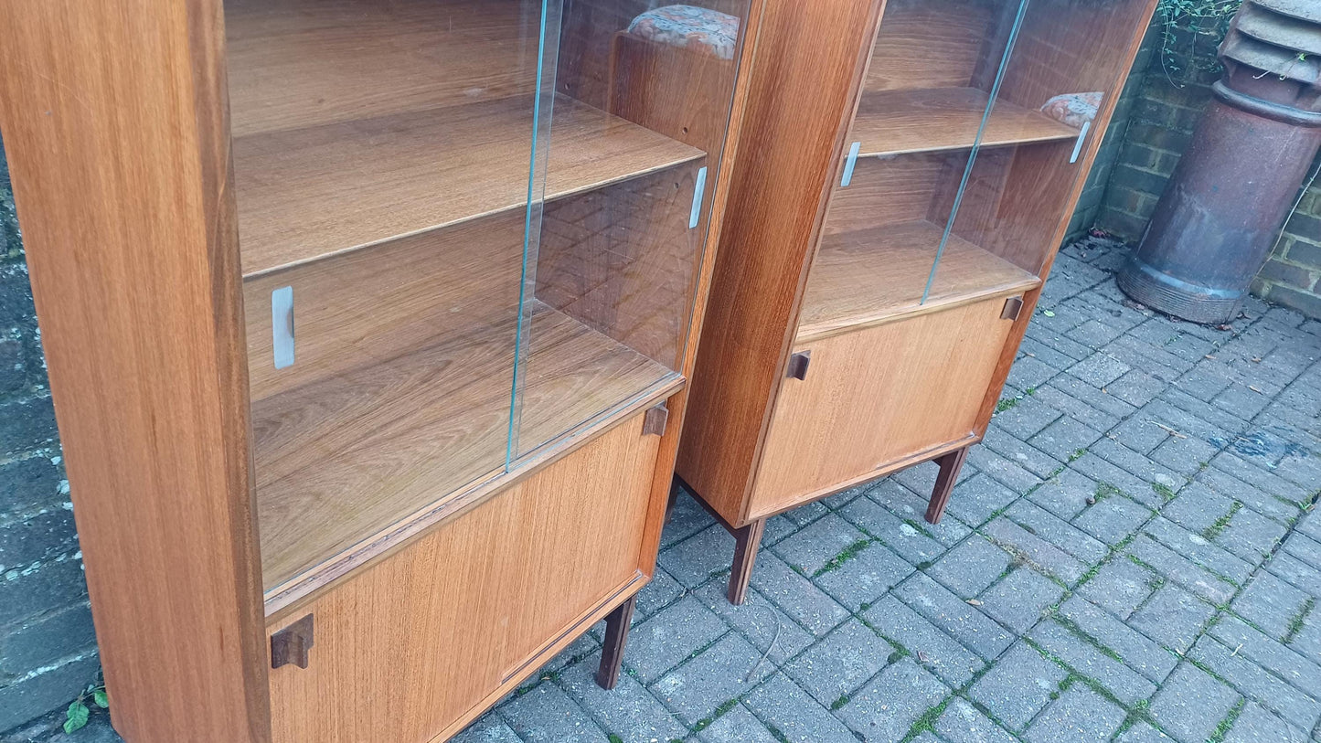 Pair Glazed Glass Vintage Retro 60s Teak and Veneer Glazed Bookcase China Display Cupboards with Lower Storage Cupboard FREE HAND Delivery
