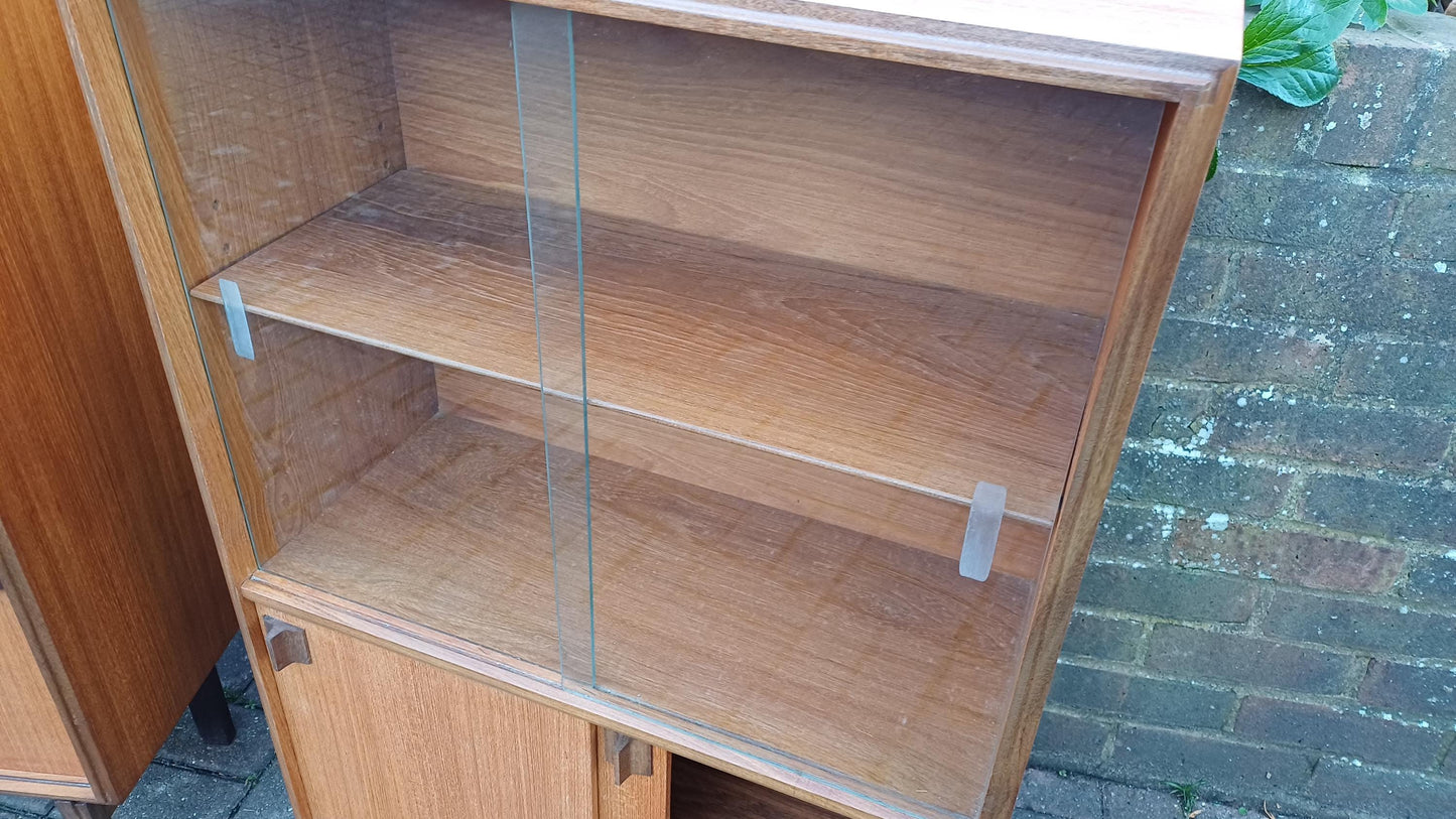 Pair Glazed Glass Vintage Retro 60s Teak and Veneer Glazed Bookcase China Display Cupboards with Lower Storage Cupboard FREE HAND Delivery