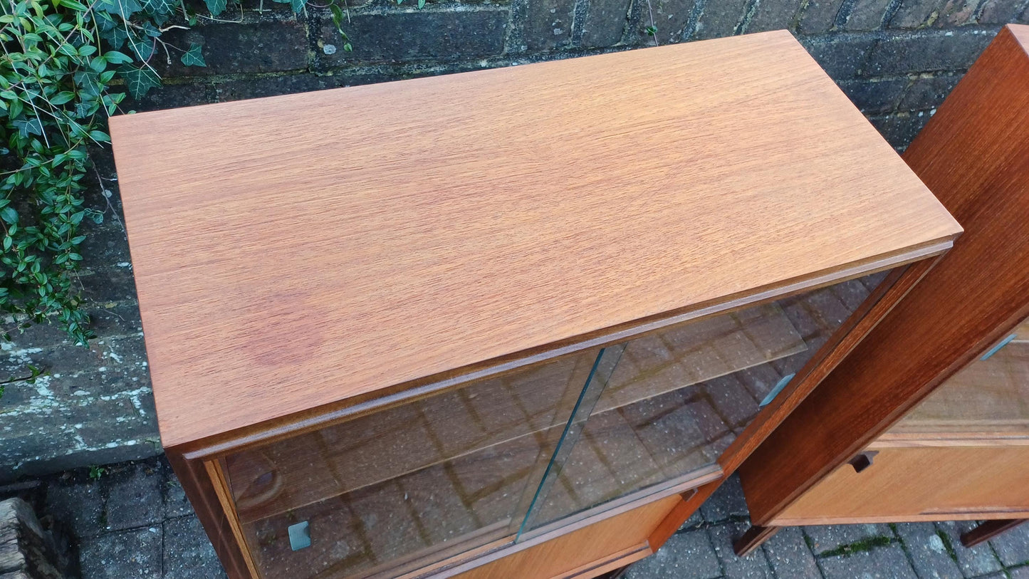 Pair Glazed Glass Vintage Retro 60s Teak and Veneer Glazed Bookcase China Display Cupboards with Lower Storage Cupboard FREE HAND Delivery