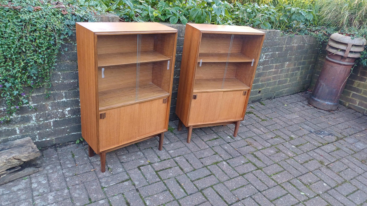 Pair Glazed Glass Vintage Retro 60s Teak and Veneer Glazed Bookcase China Display Cupboards with Lower Storage Cupboard FREE HAND Delivery