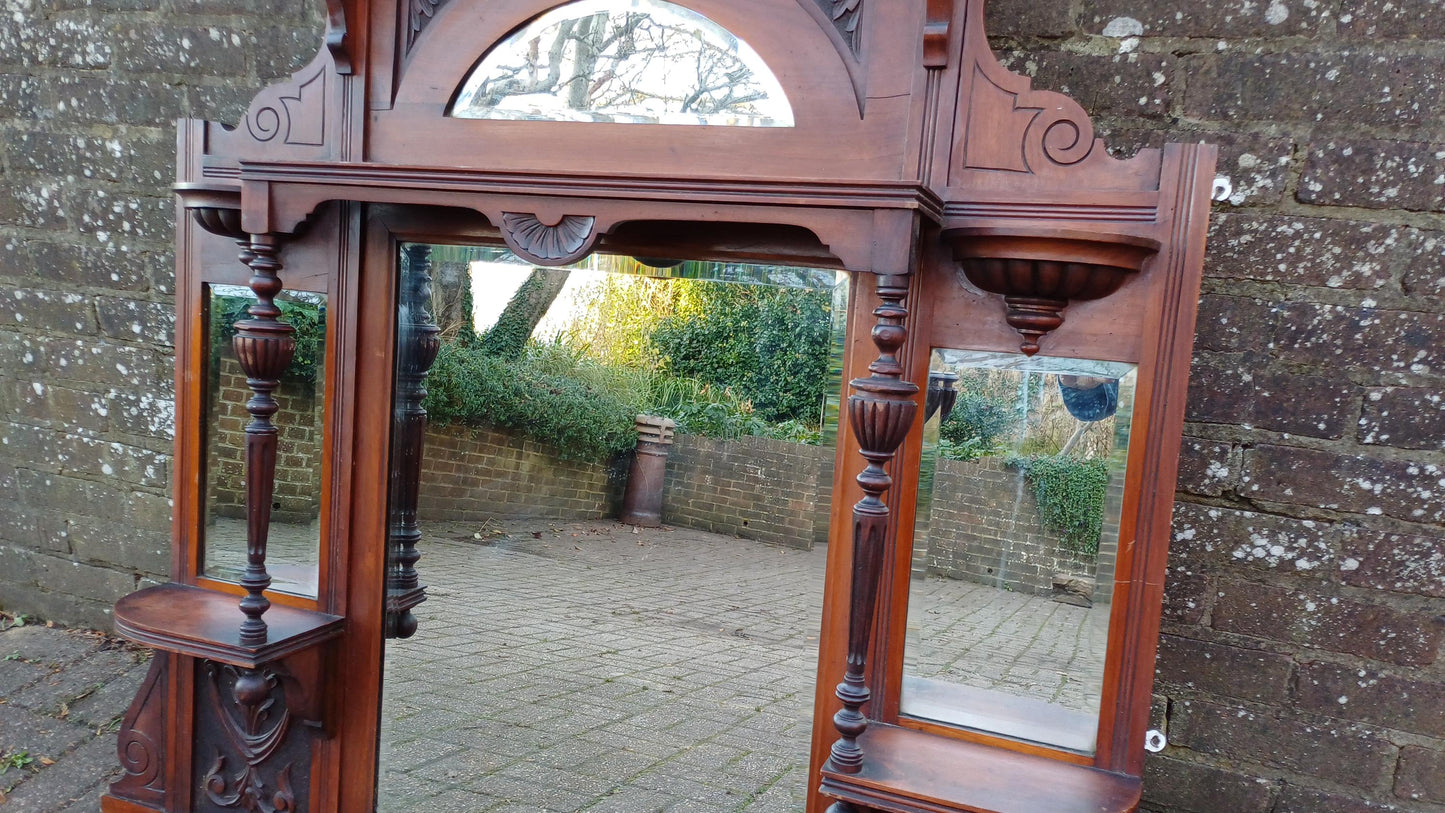 Massive Imposing High Quality Mahogany Over Mantel Mirror Wealth of Decorative Features 4 Bevelled Mirrors FREE HAND Delivery.
