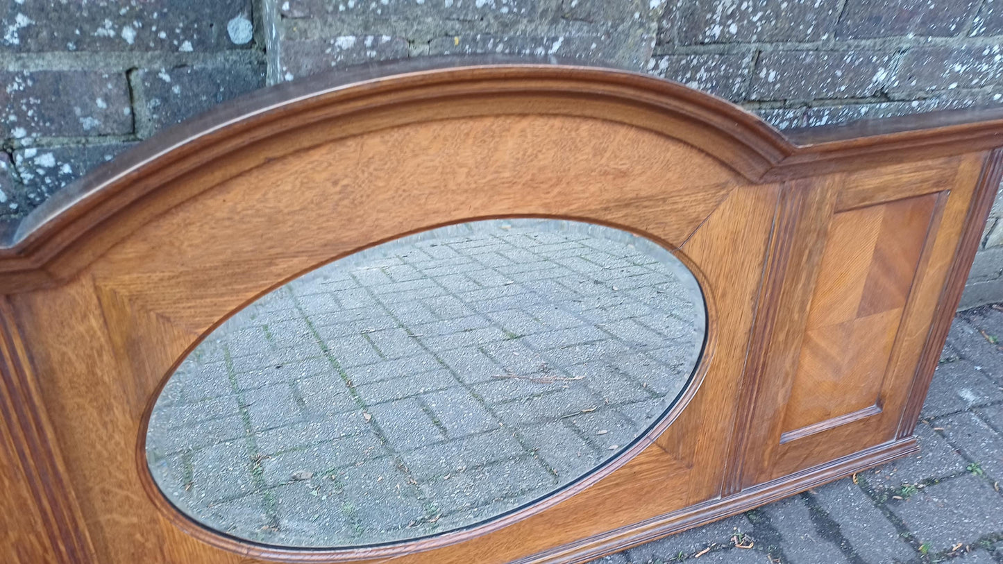 Beautiful Wide 1920s Oak Over Mantel or Wall Mirror Oval Glass