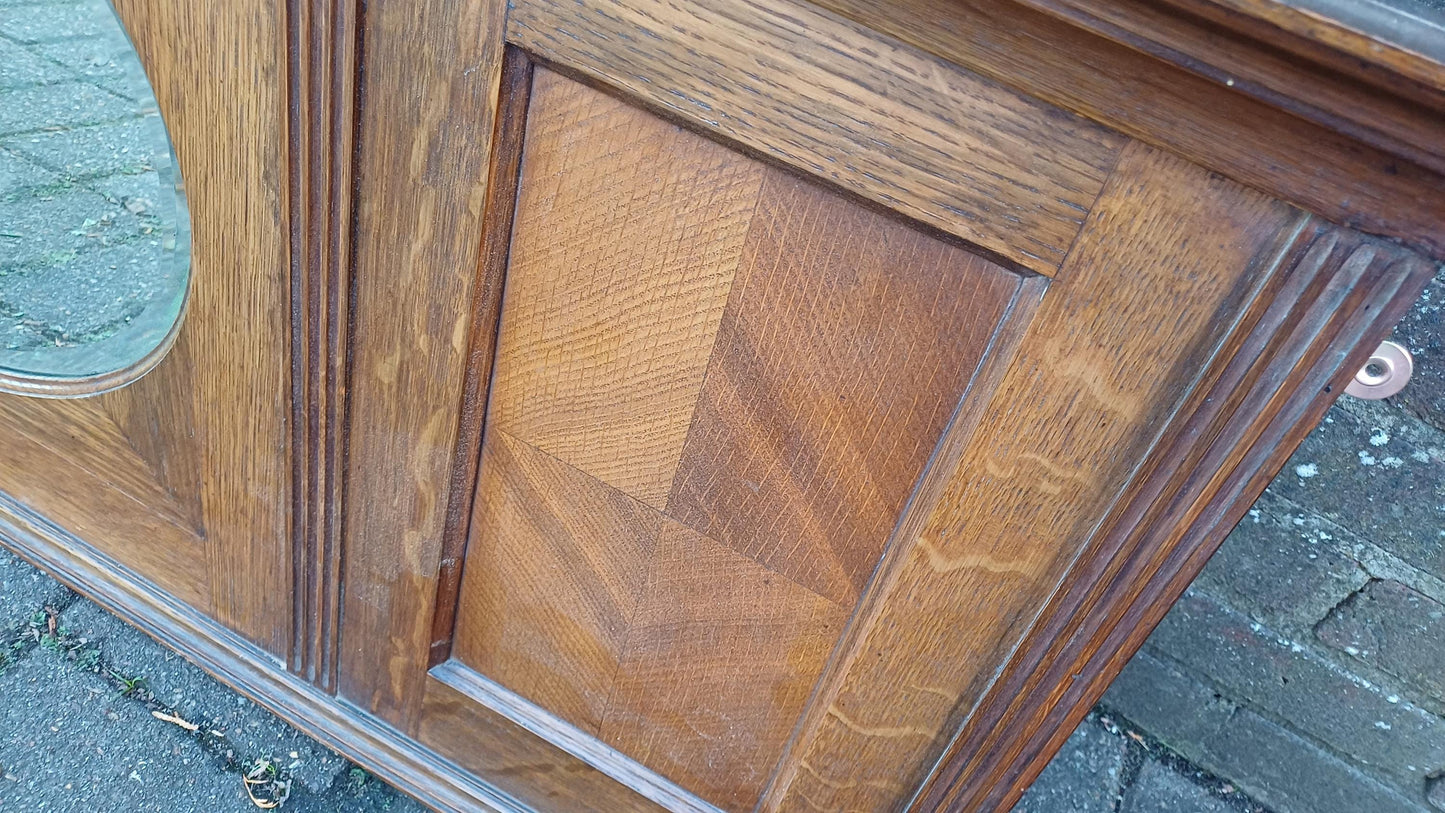 Beautiful Wide 1920s Oak Over Mantel or Wall Mirror Oval Glass