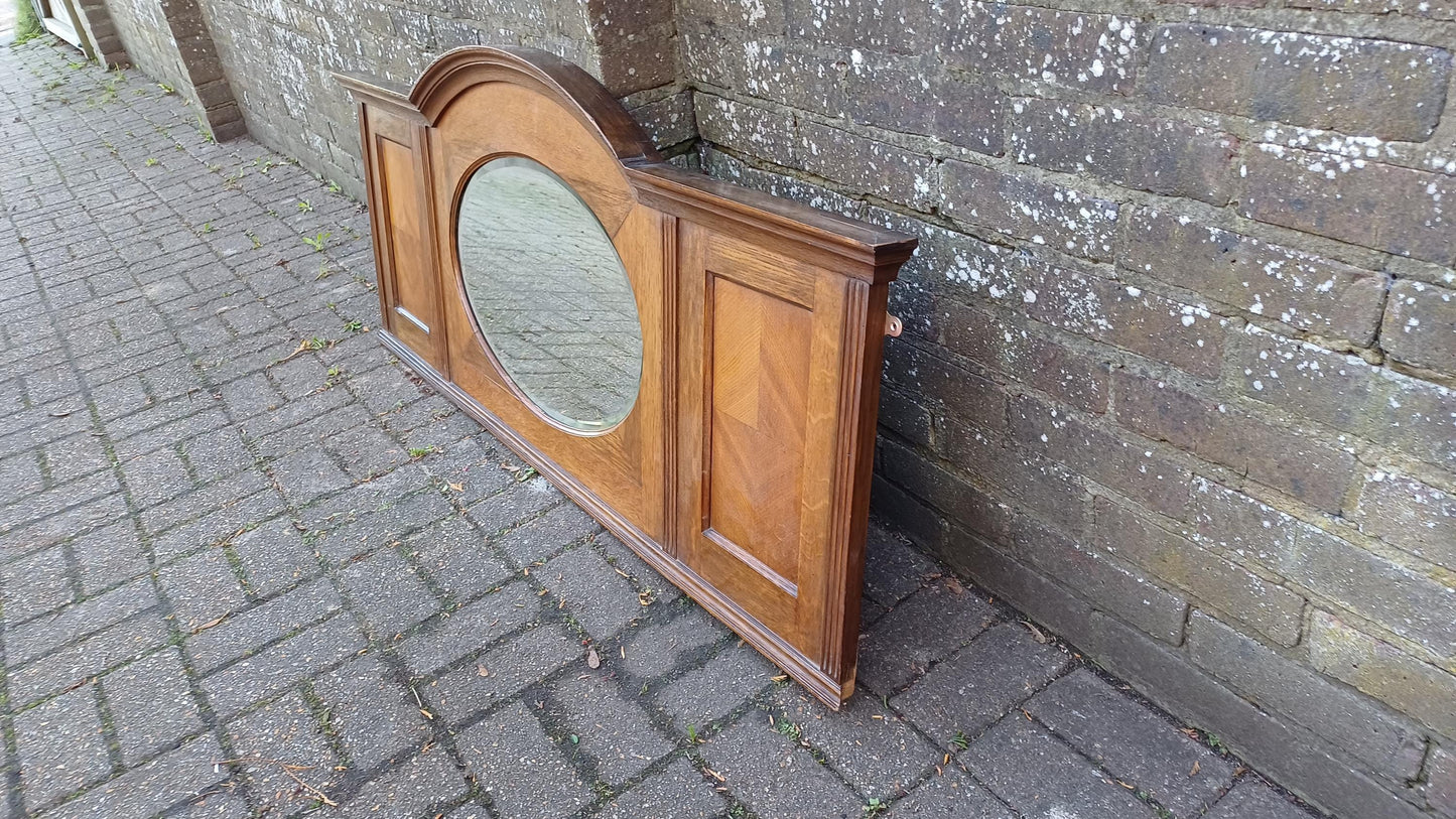 Beautiful Wide 1920s Oak Over Mantel or Wall Mirror Oval Glass