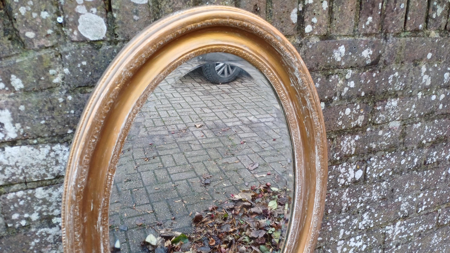 Very Large Gold with White Highlights Vintage Oval Wall Mirror with Bevelled Glass