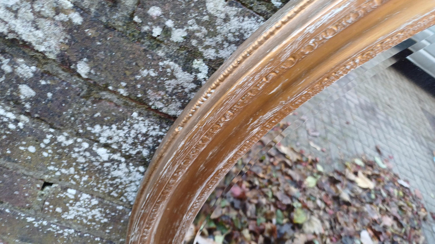 Very Large Gold with White Highlights Vintage Oval Wall Mirror with Bevelled Glass