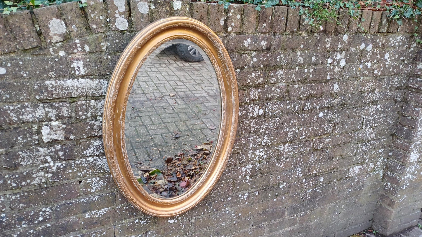 Very Large Gold with White Highlights Vintage Oval Wall Mirror with Bevelled Glass