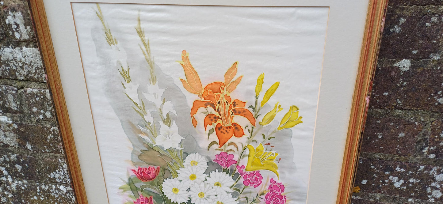 Stunning silk painting - framed still life on silk - vintage art - 76cm x 50cm