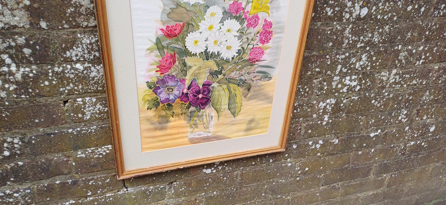 Stunning silk painting - framed still life on silk - vintage art - 76cm x 50cm