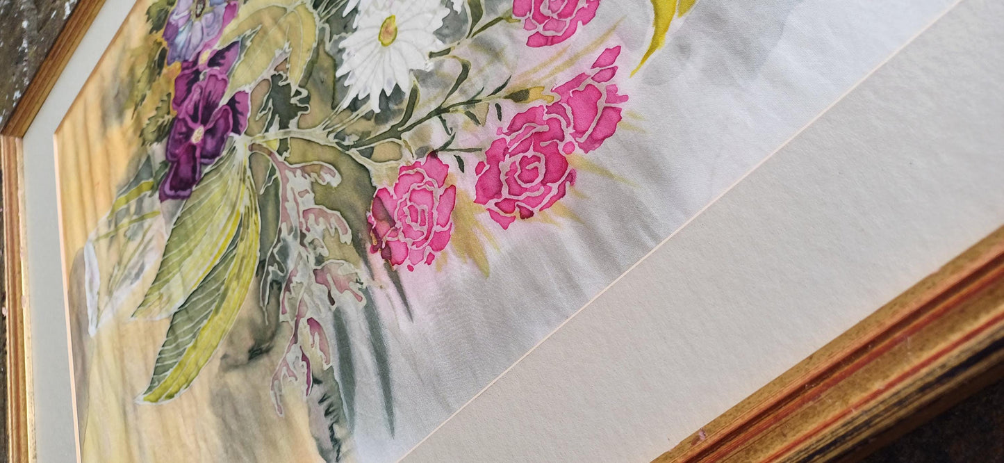 Stunning silk painting - framed still life on silk - vintage art - 76cm x 50cm