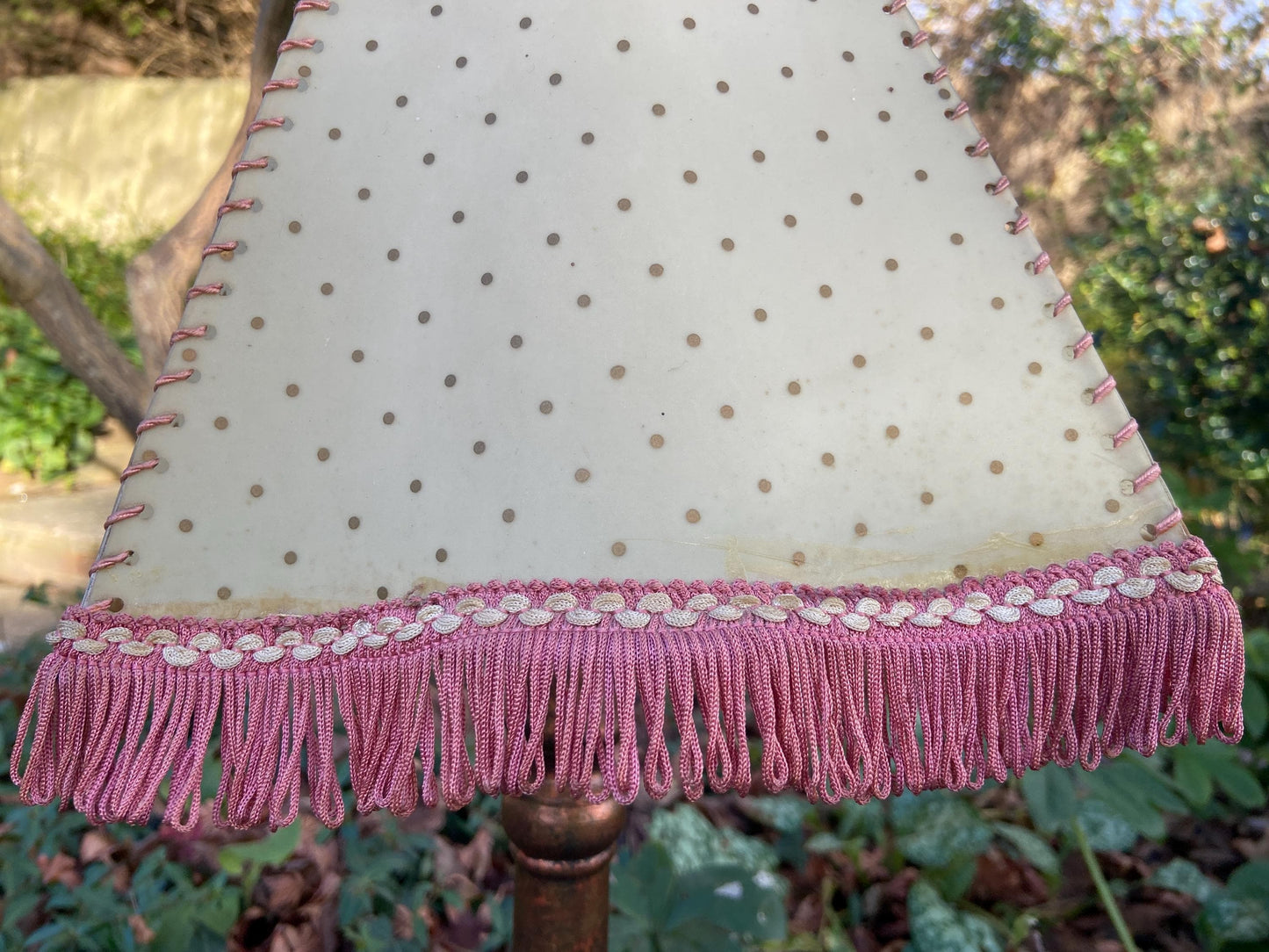 Vintage 1920s Cream Mica or Celluloid Table Lamp Shade with Gold Polka Dots, Pink Thread, and Fringe – unusual shape with Curved Sides