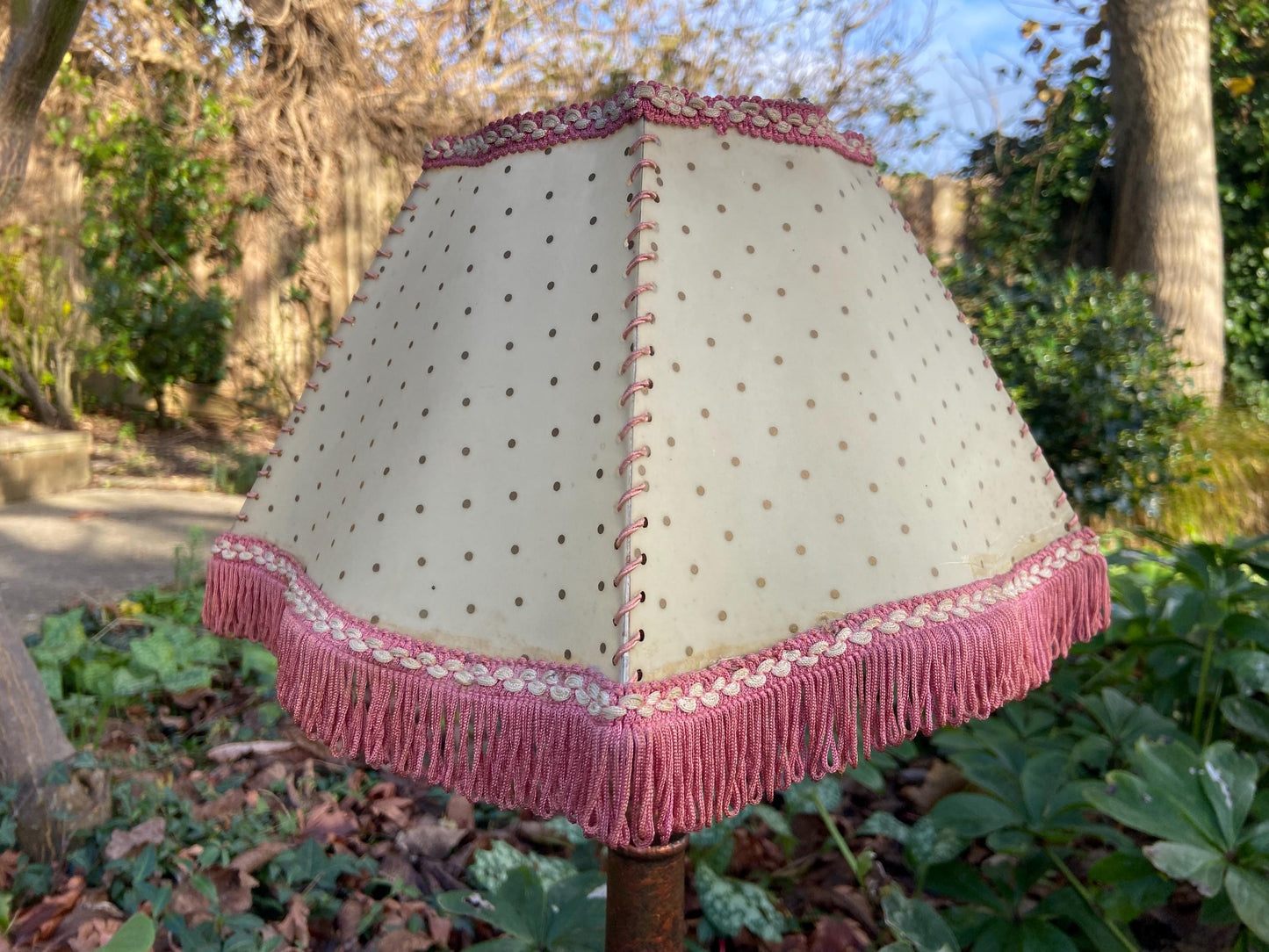 Vintage 1920s Cream Mica or Celluloid Table Lamp Shade with Gold Polka Dots, Pink Thread, and Fringe – unusual shape with Curved Sides