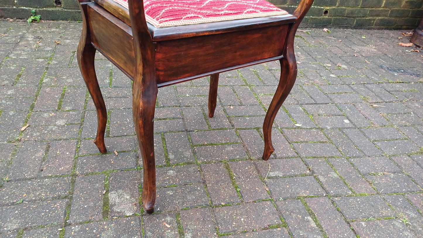 Elegant and Top Quality Vintage Mahogany Piano Stool Upholstered with Sheet Compartment.