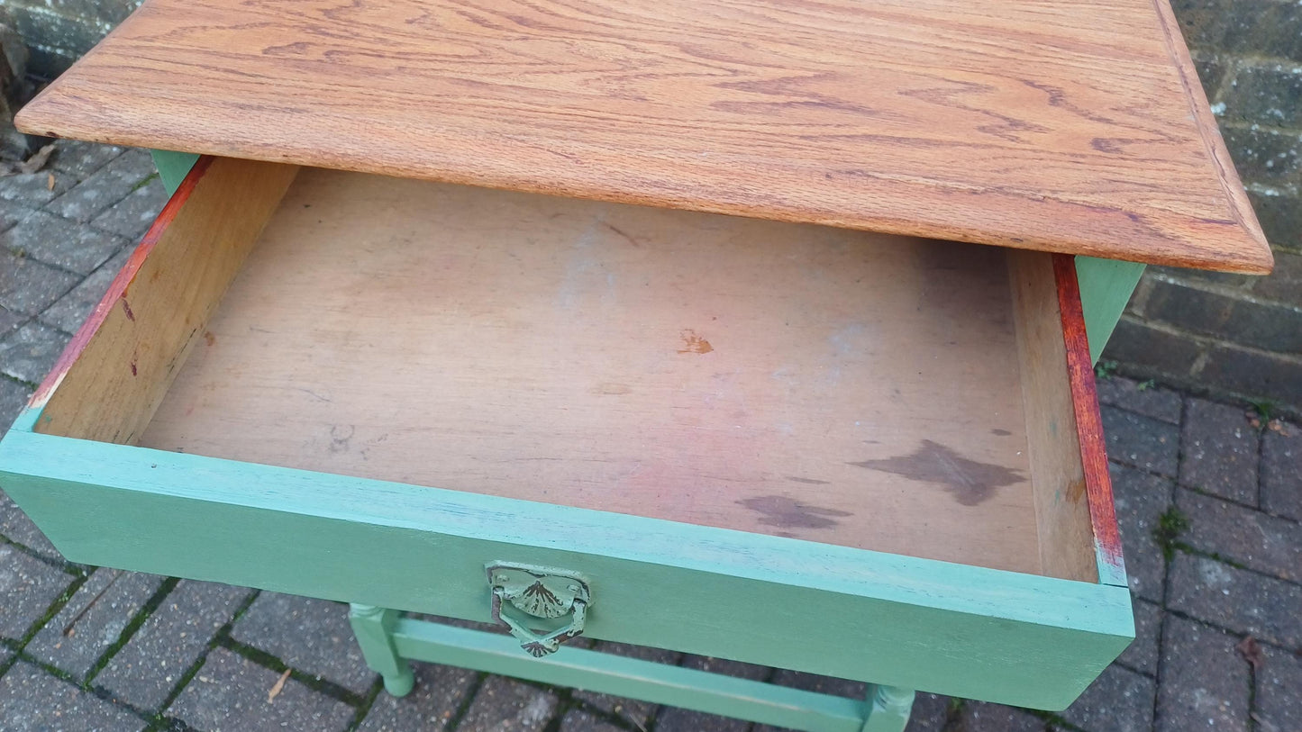 Beautiful and Very Useful Solid Oak Painted Side Table with Drawer in Green Stripped and Oiled Top