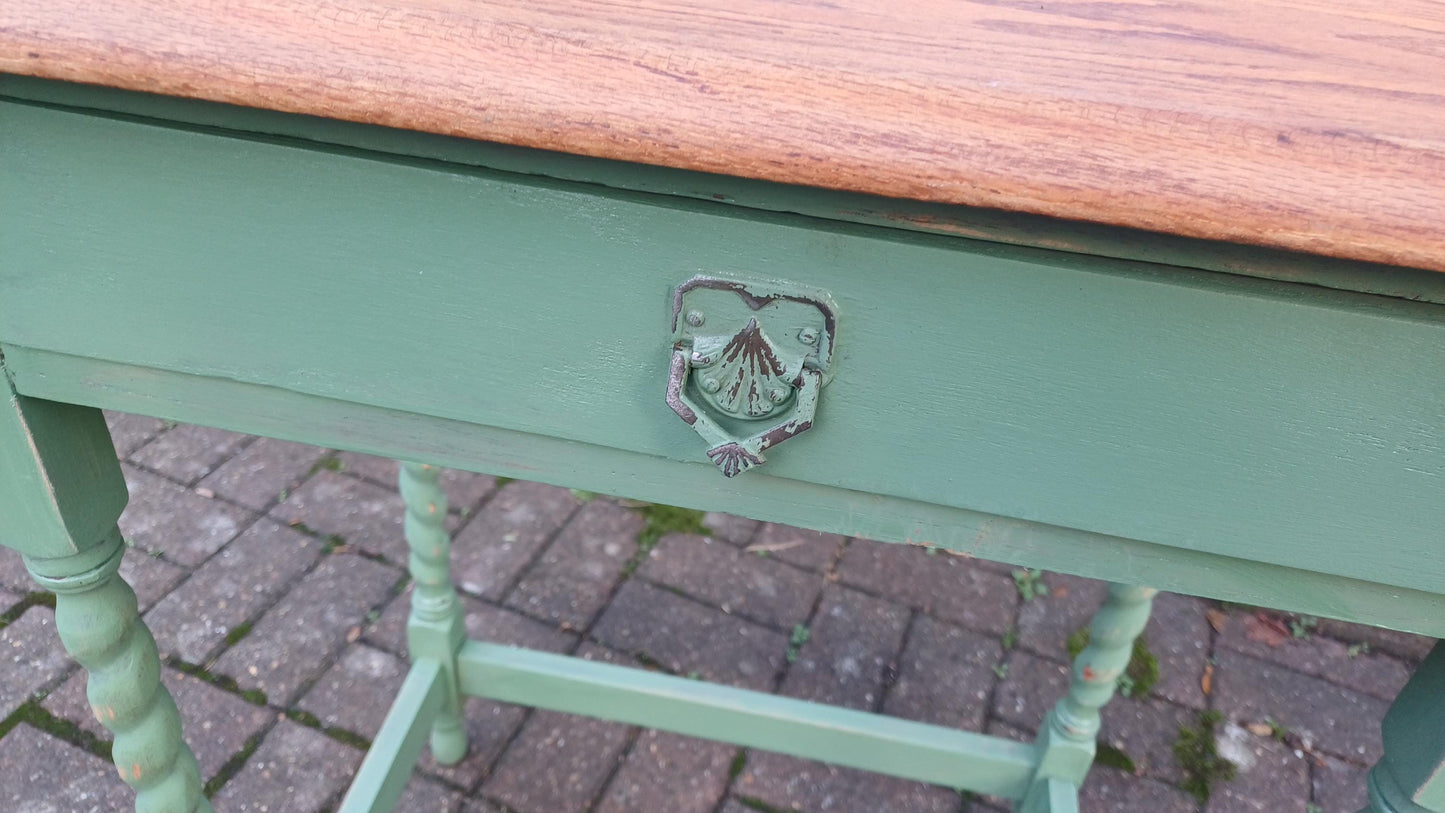 Beautiful and Very Useful Solid Oak Painted Side Table with Drawer in Green Stripped and Oiled Top