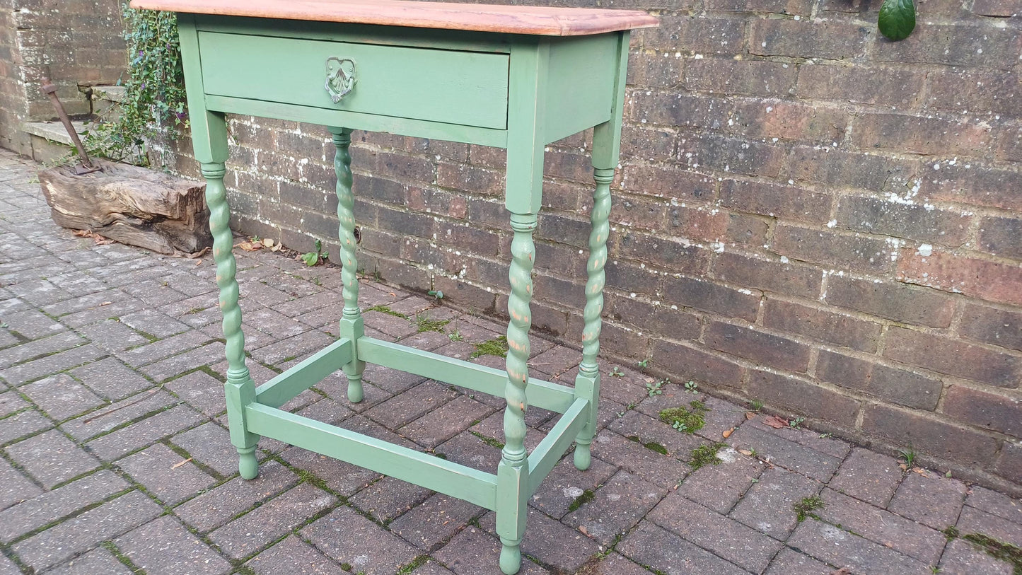 Beautiful and Very Useful Solid Oak Painted Side Table with Drawer in Green Stripped and Oiled Top