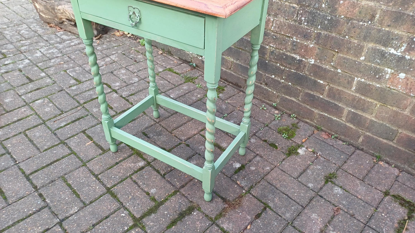 Beautiful and Very Useful Solid Oak Painted Side Table with Drawer in Green Stripped and Oiled Top