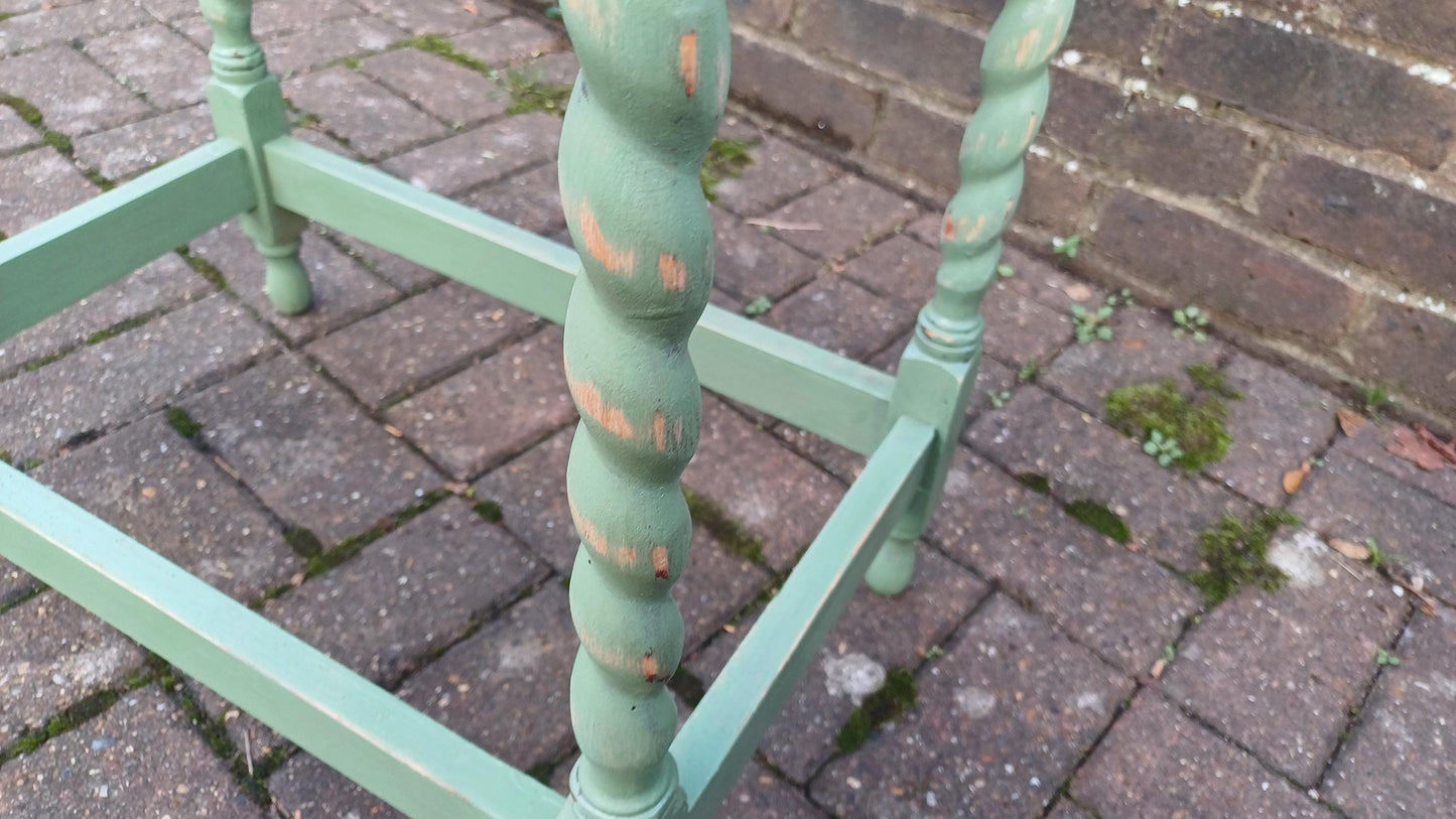 Beautiful and Very Useful Solid Oak Painted Side Table with Drawer in Green Stripped and Oiled Top